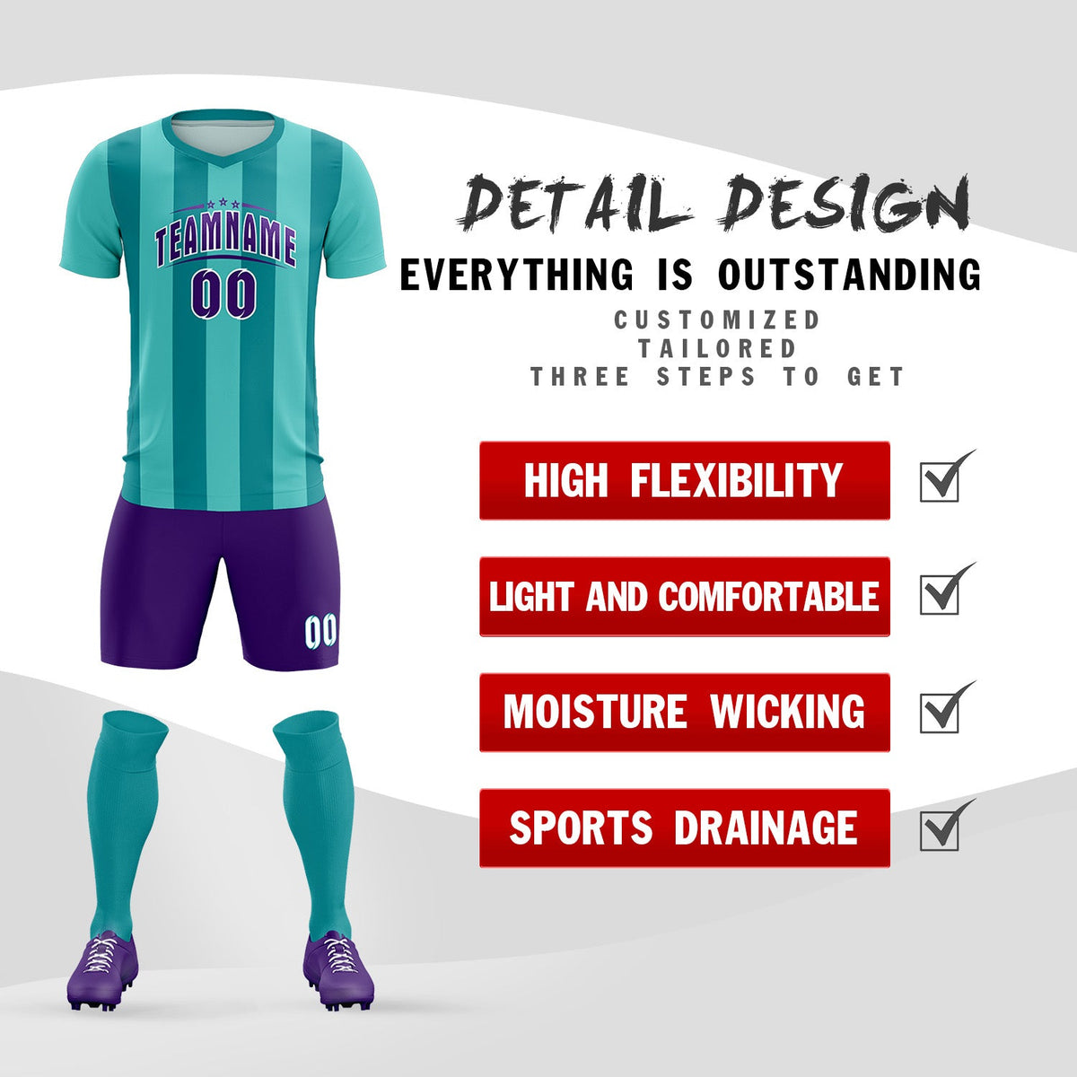 Custom Bright Green Aqua Vertical Stripes Casual Outdoor Football Kits Jersey