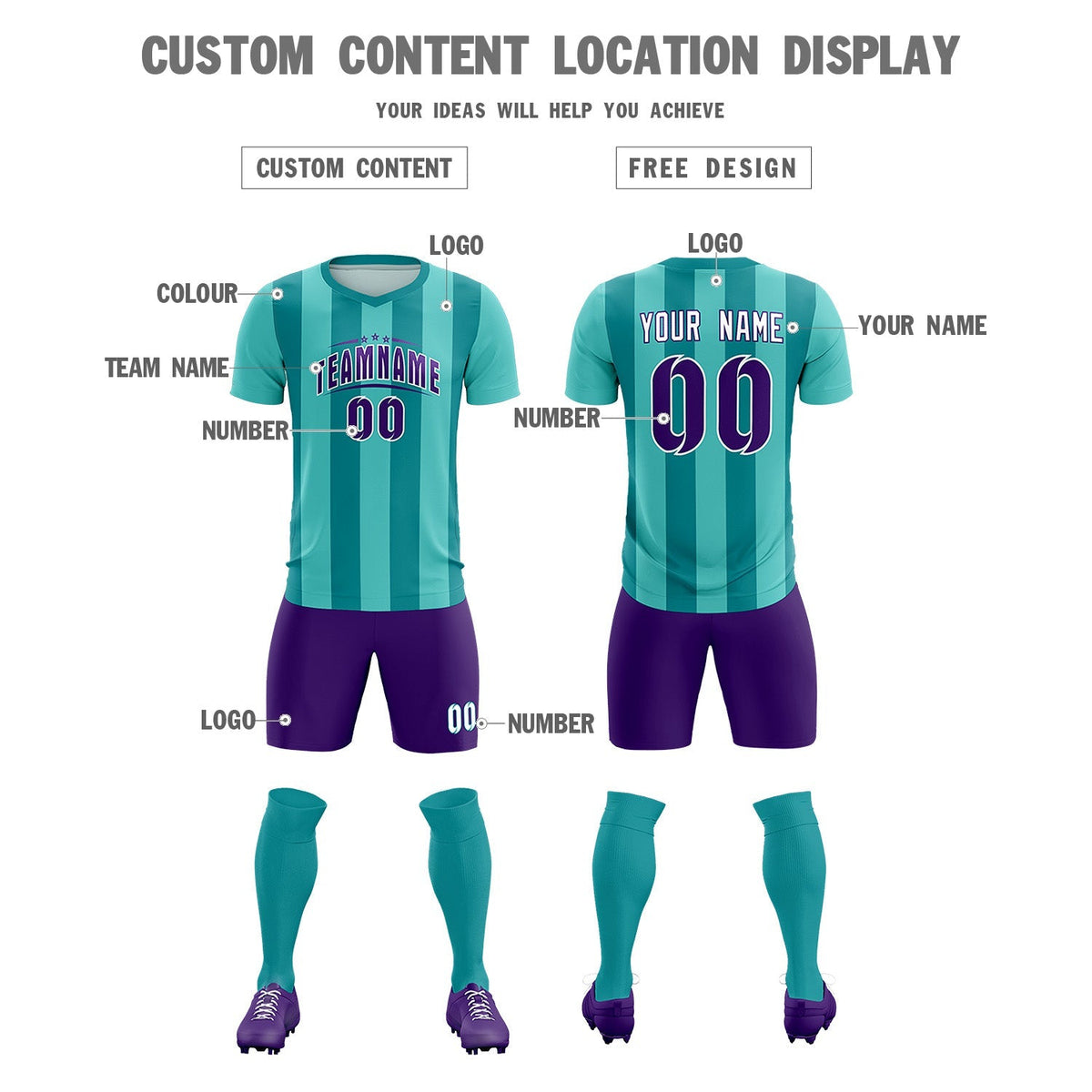 Custom Bright Green Aqua Vertical Stripes Casual Outdoor Football Kits Jersey