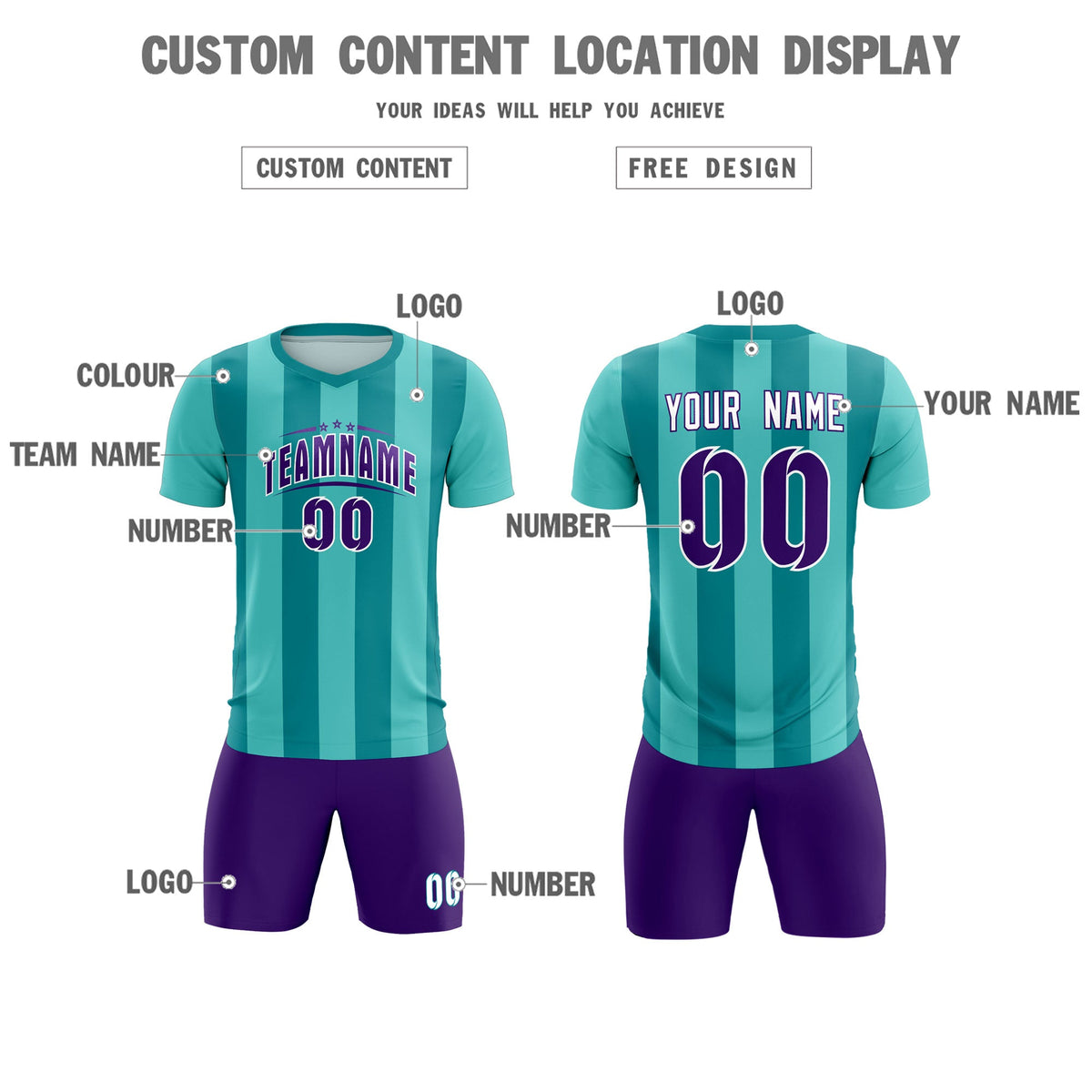 Custom Bright Green Aqua Vertical Stripes Casual Outdoor Football Kits Jersey