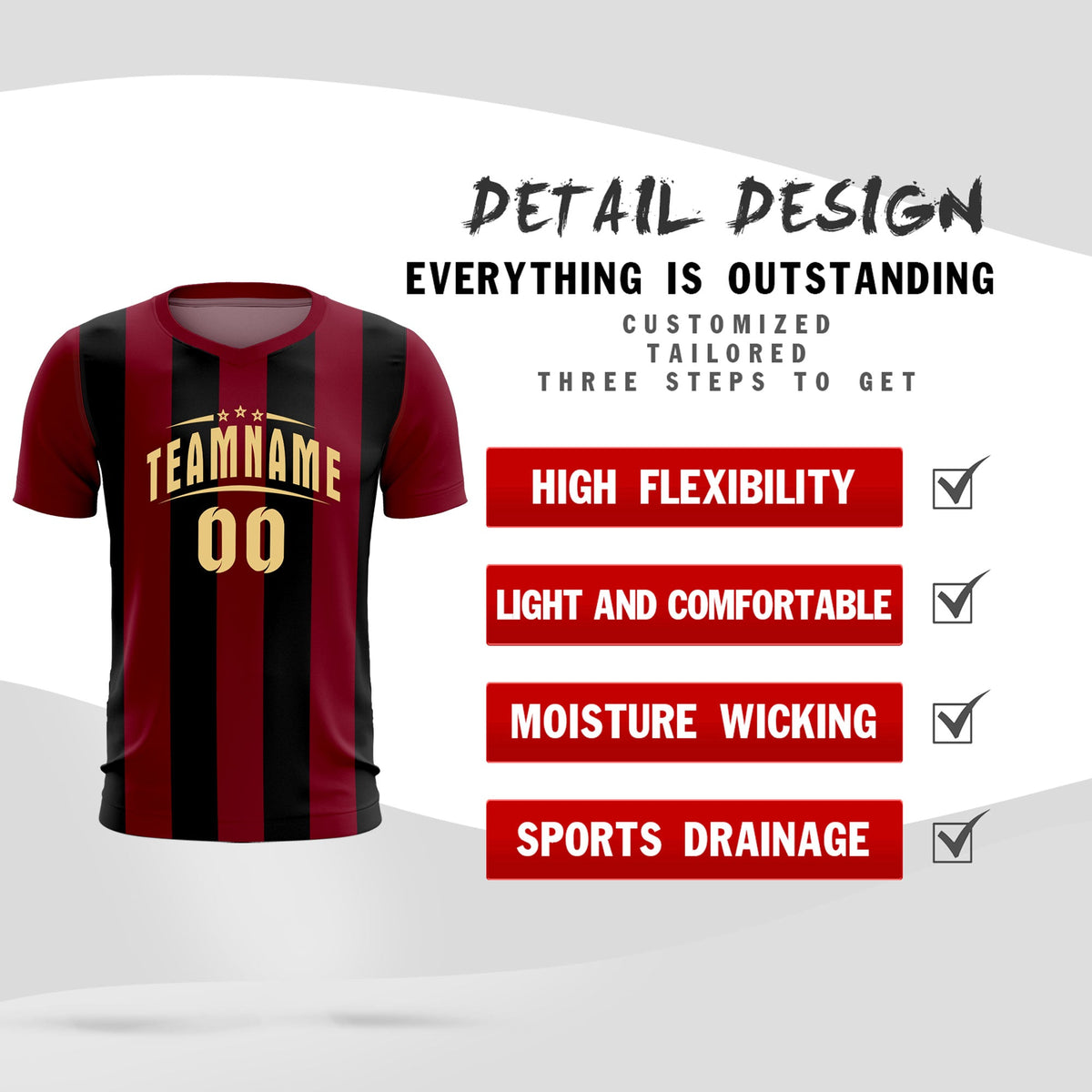 Custom Crimson Black Vertical Stripes Casual Outdoor Football Kits Jersey