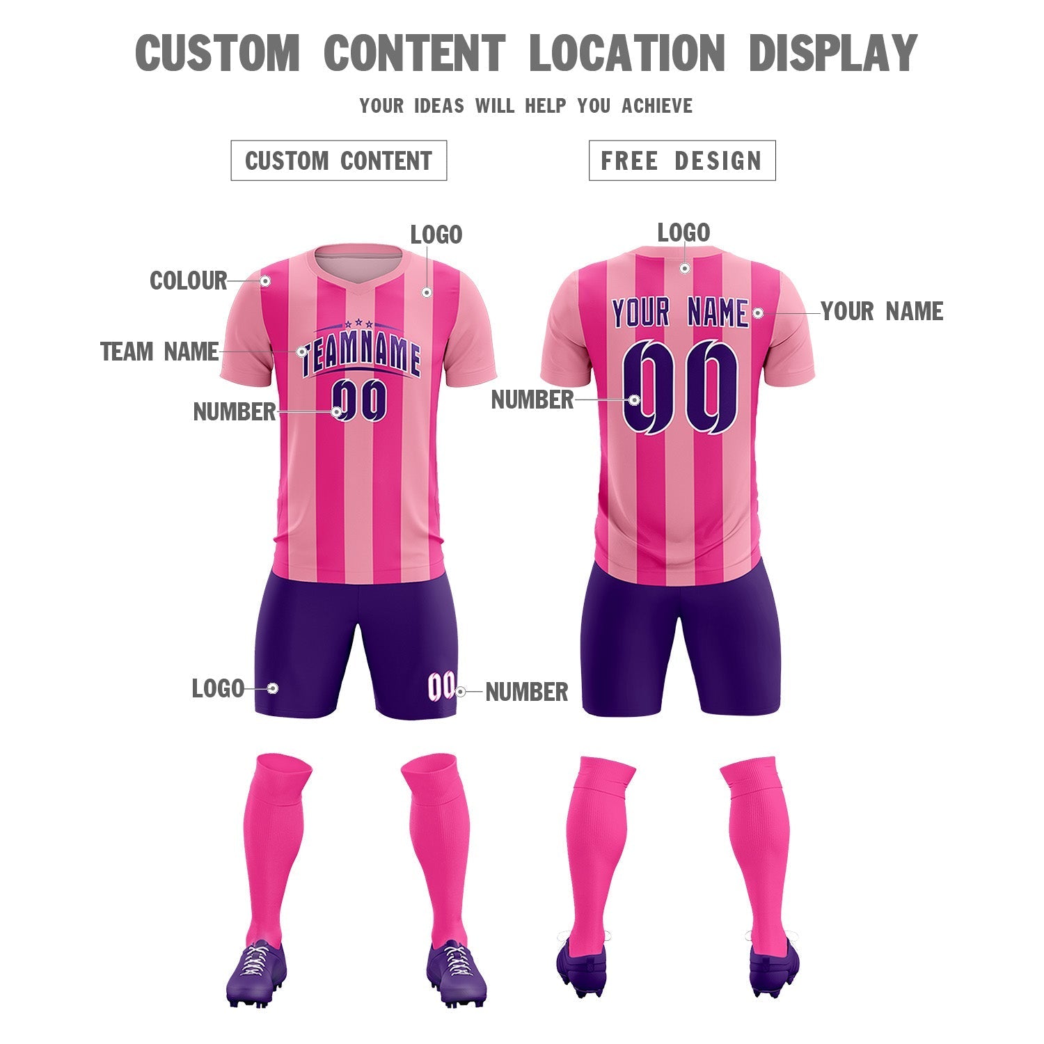 Custom Light Pink Pink Vertical Stripes Casual Outdoor Football Kits Jersey