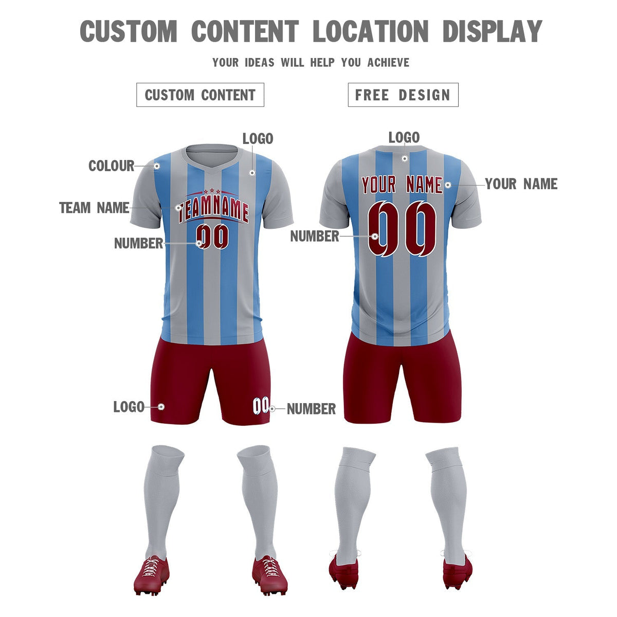 Custom Gray Light Blue Vertical Stripes Casual Outdoor Football Kits Jersey