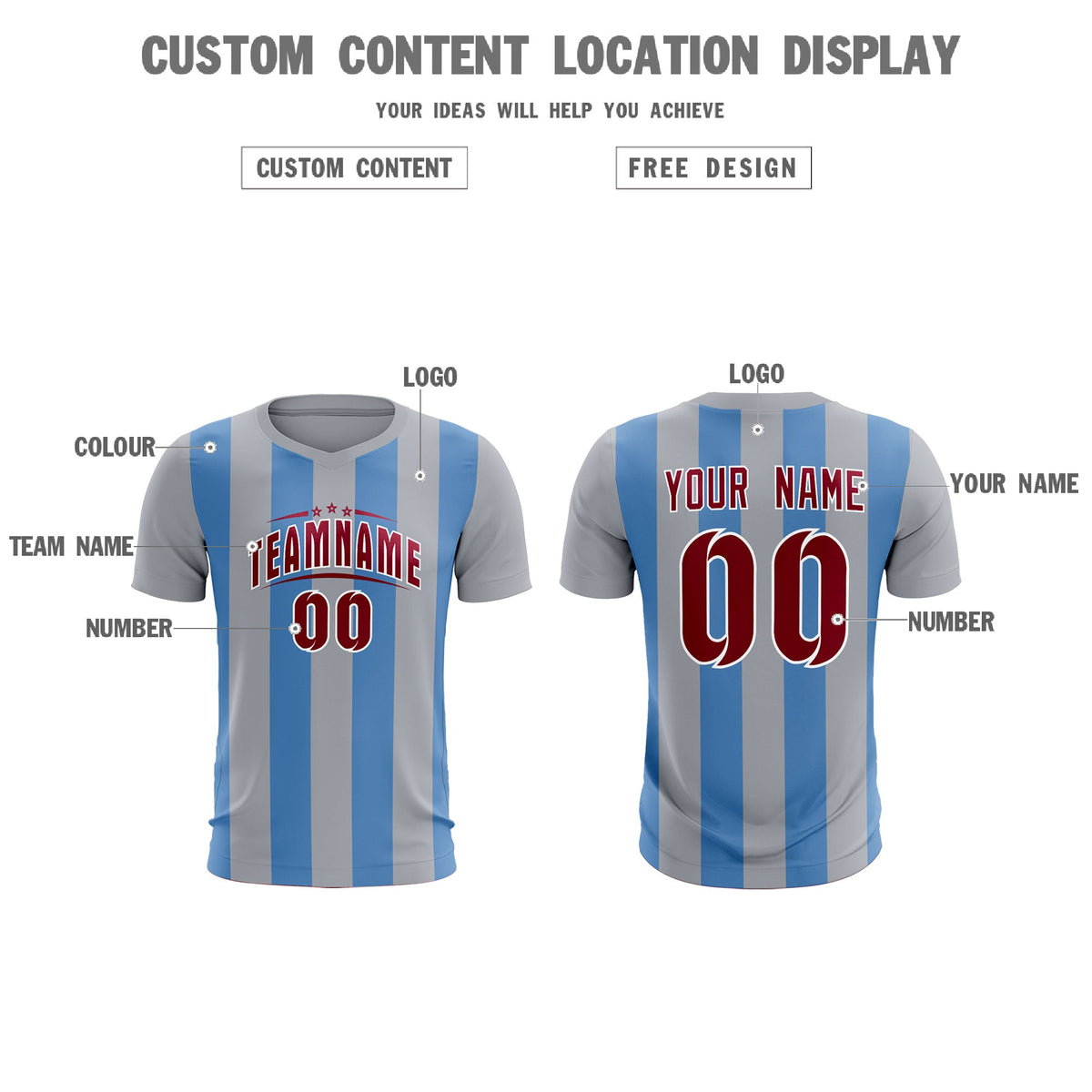 Custom Gray Light Blue Vertical Stripes Casual Outdoor Football Kits Jersey