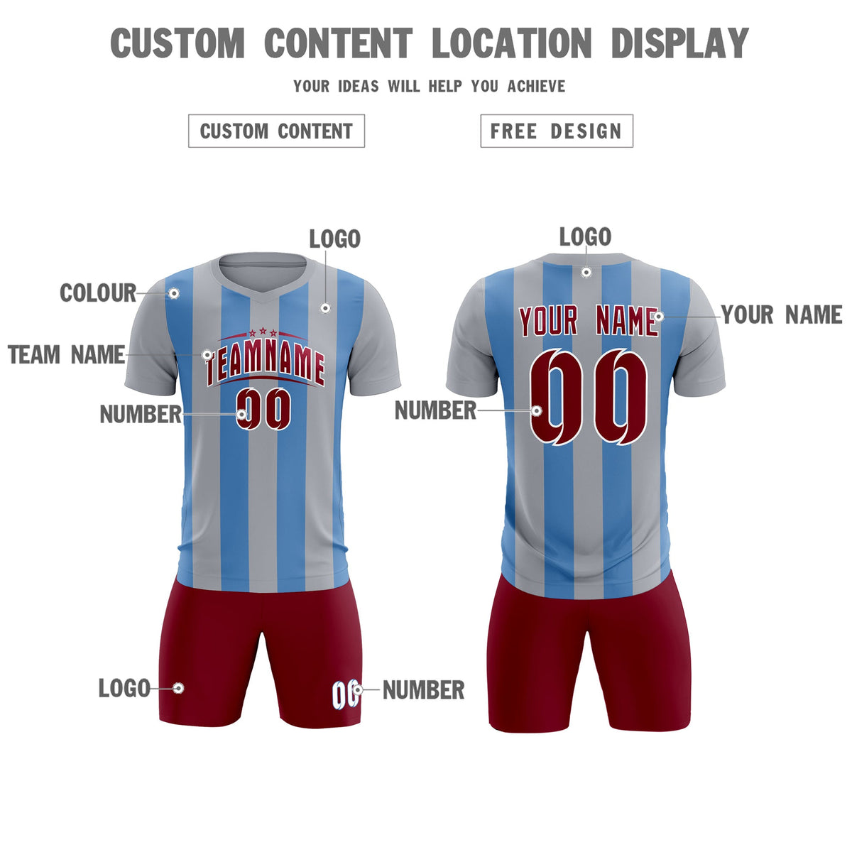 Custom Gray Light Blue Vertical Stripes Casual Outdoor Football Kits Jersey