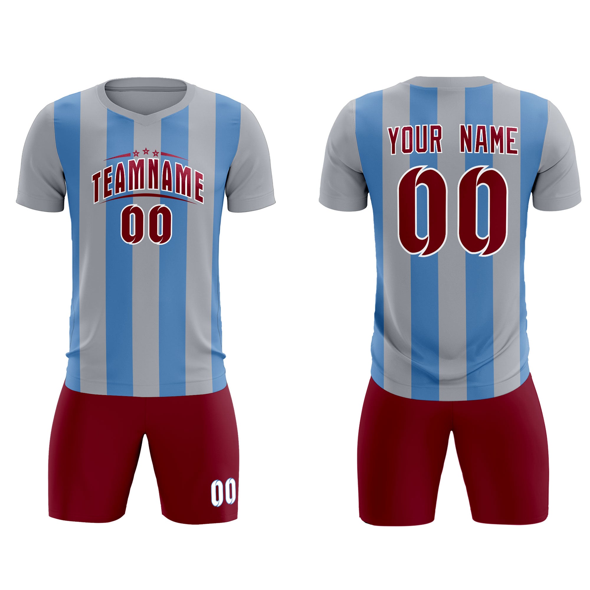 Custom Gray Light Blue Vertical Stripes Casual Outdoor Football Kits Jersey