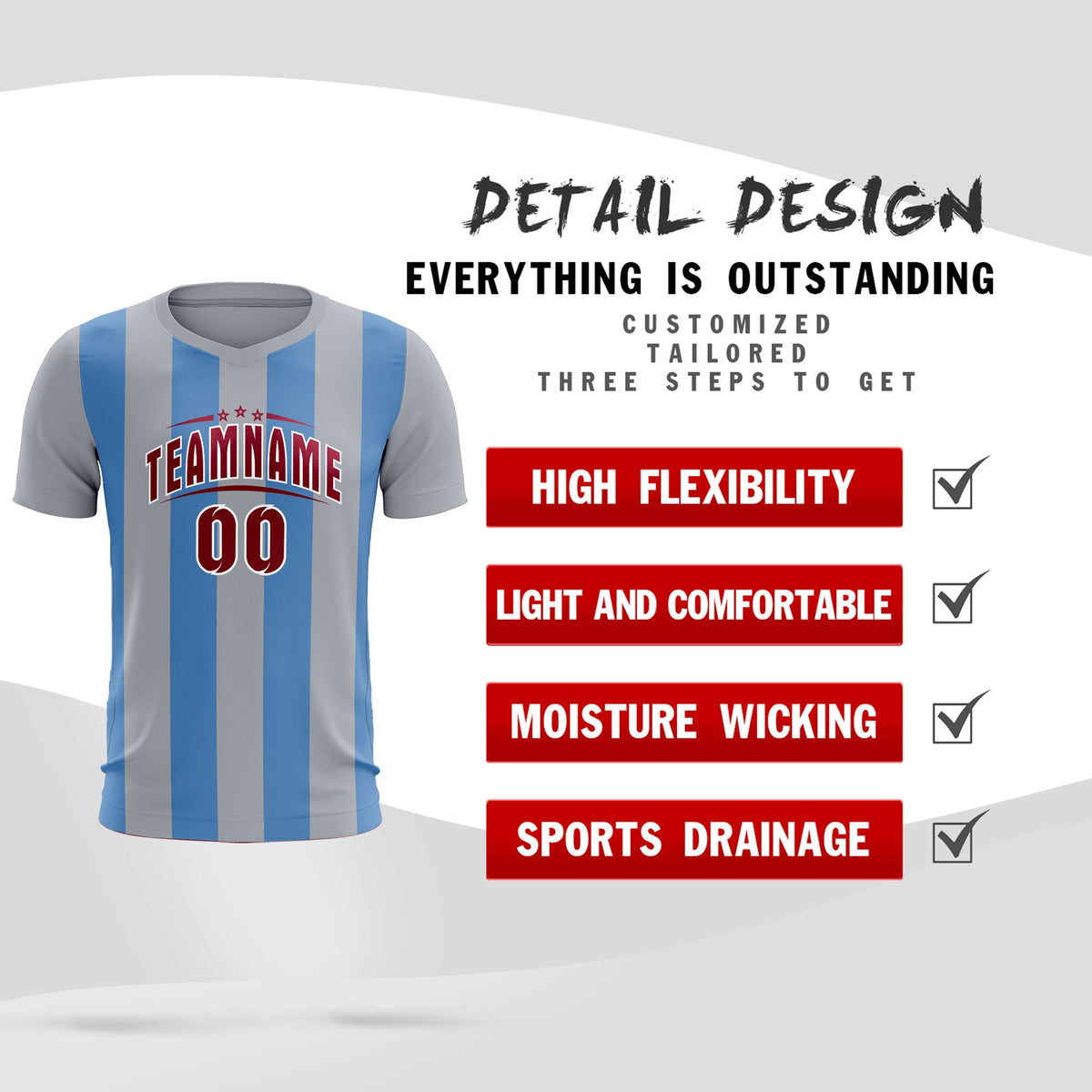 Custom Gray Light Blue Vertical Stripes Casual Outdoor Football Kits Jersey