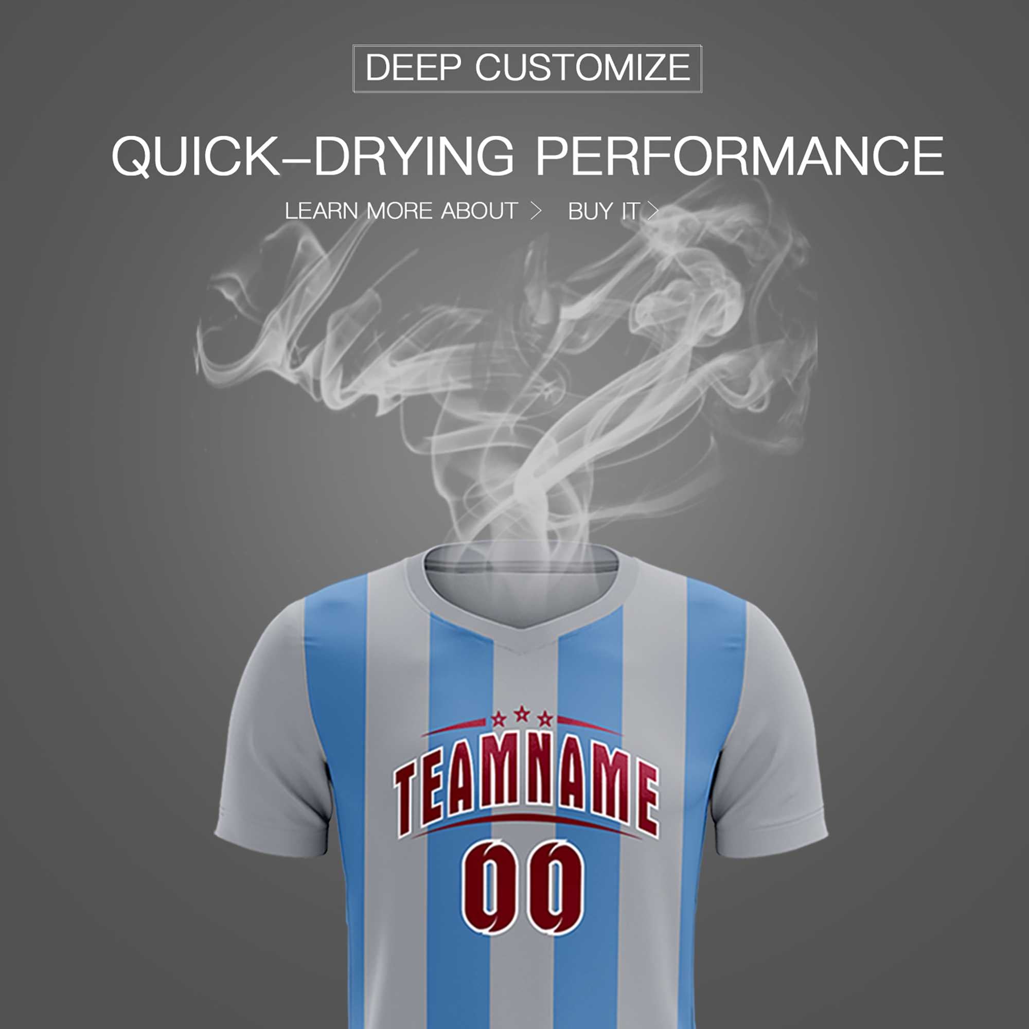 Custom Gray Light Blue Vertical Stripes Casual Outdoor Football Kits Jersey