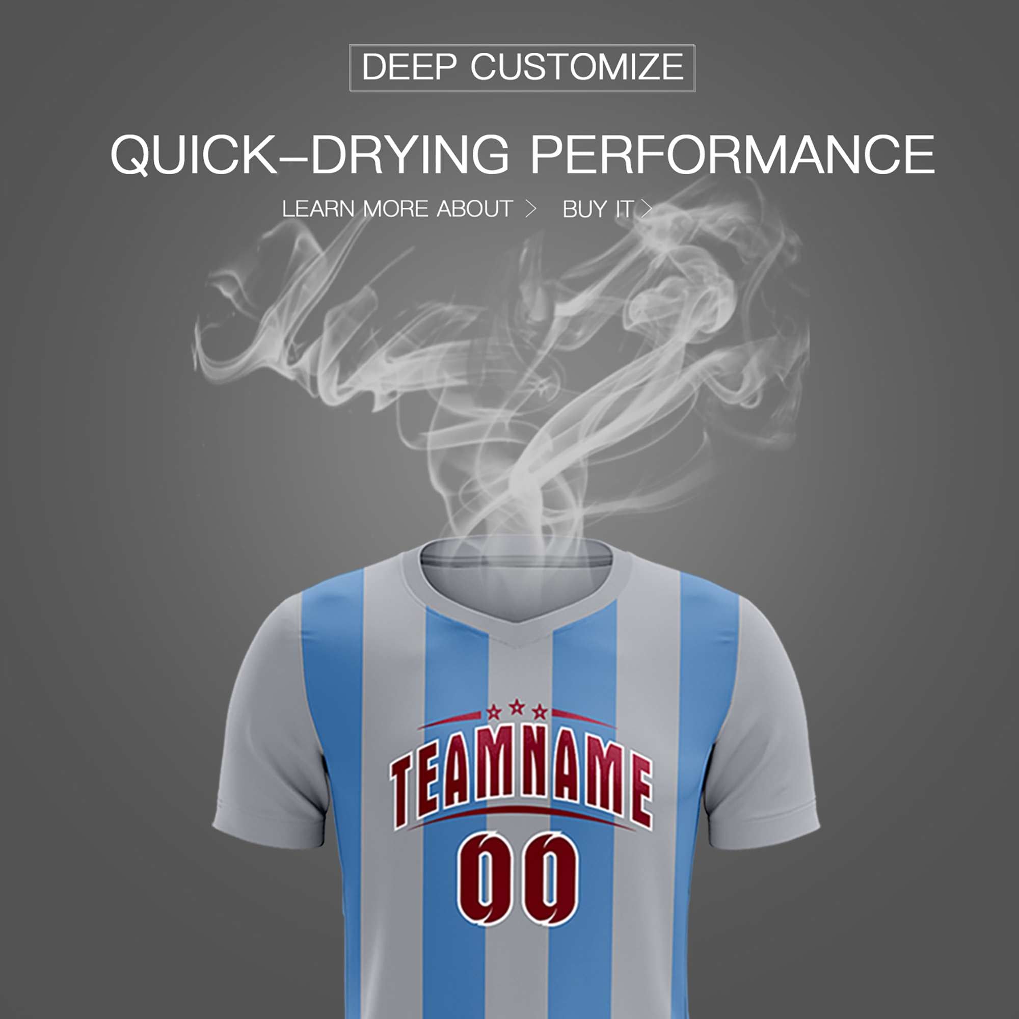 Custom Gray Light Blue Vertical Stripes Casual Outdoor Football Kits Jersey