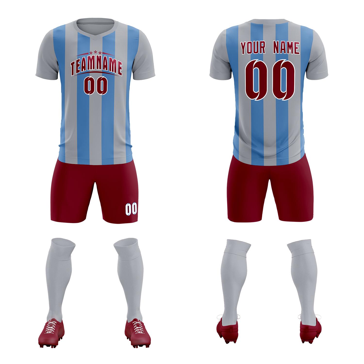 Custom Gray Light Blue Vertical Stripes Casual Outdoor Football Kits Jersey