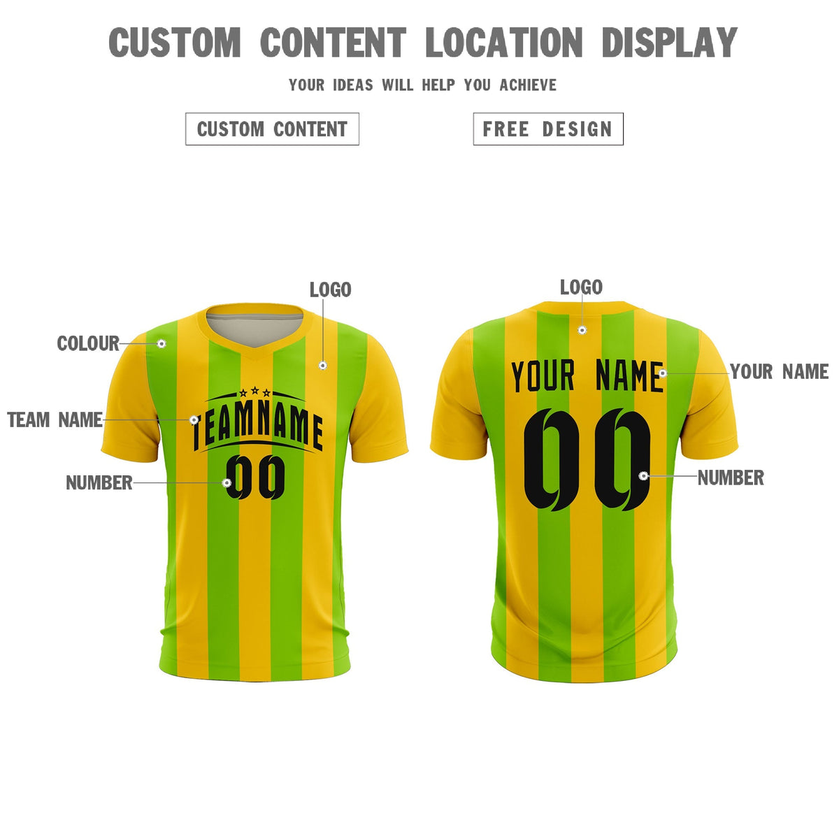 Custom Gold Neon Green Vertical Stripes Casual Outdoor Football Kits Jersey