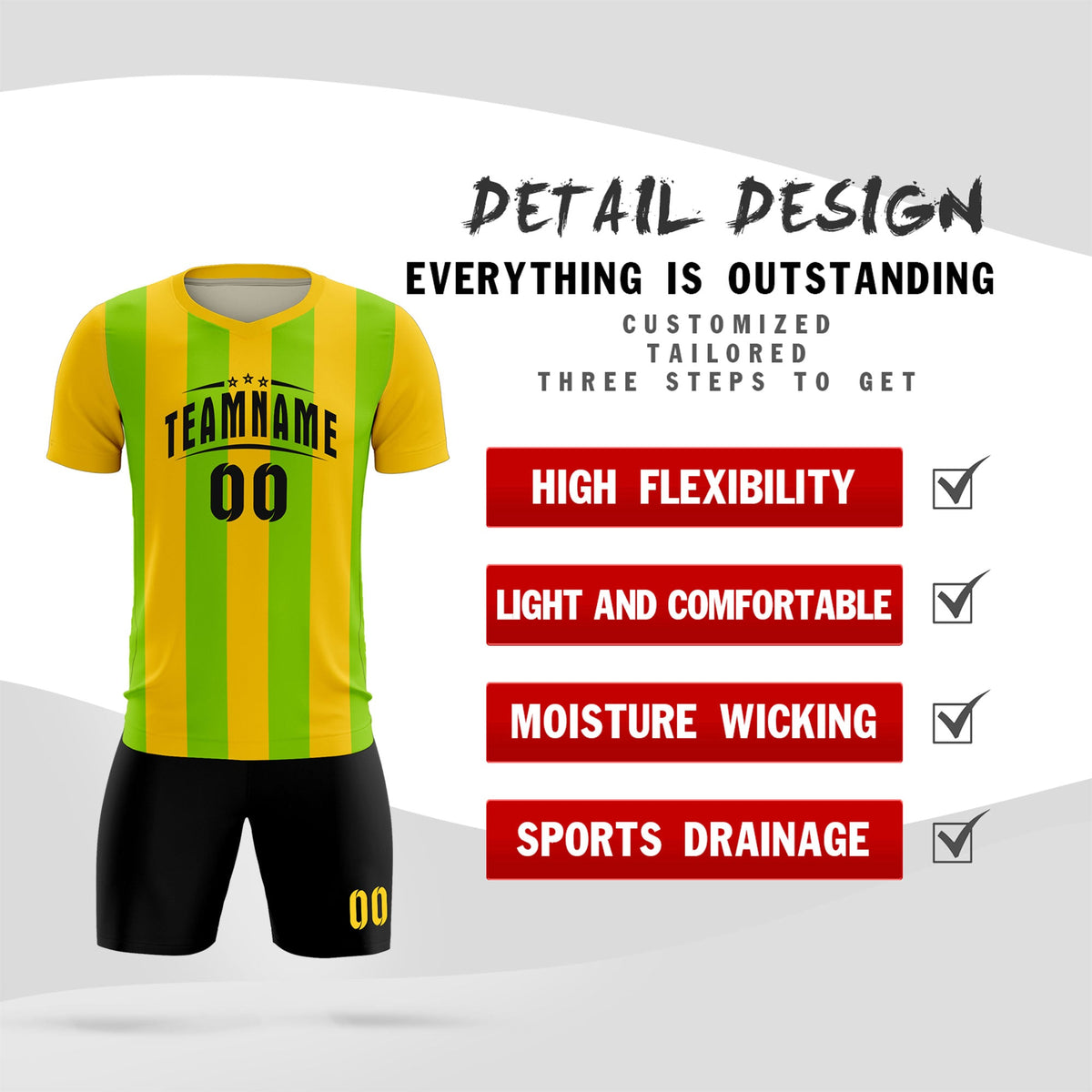 Custom Gold Neon Green Vertical Stripes Casual Outdoor Football Kits Jersey