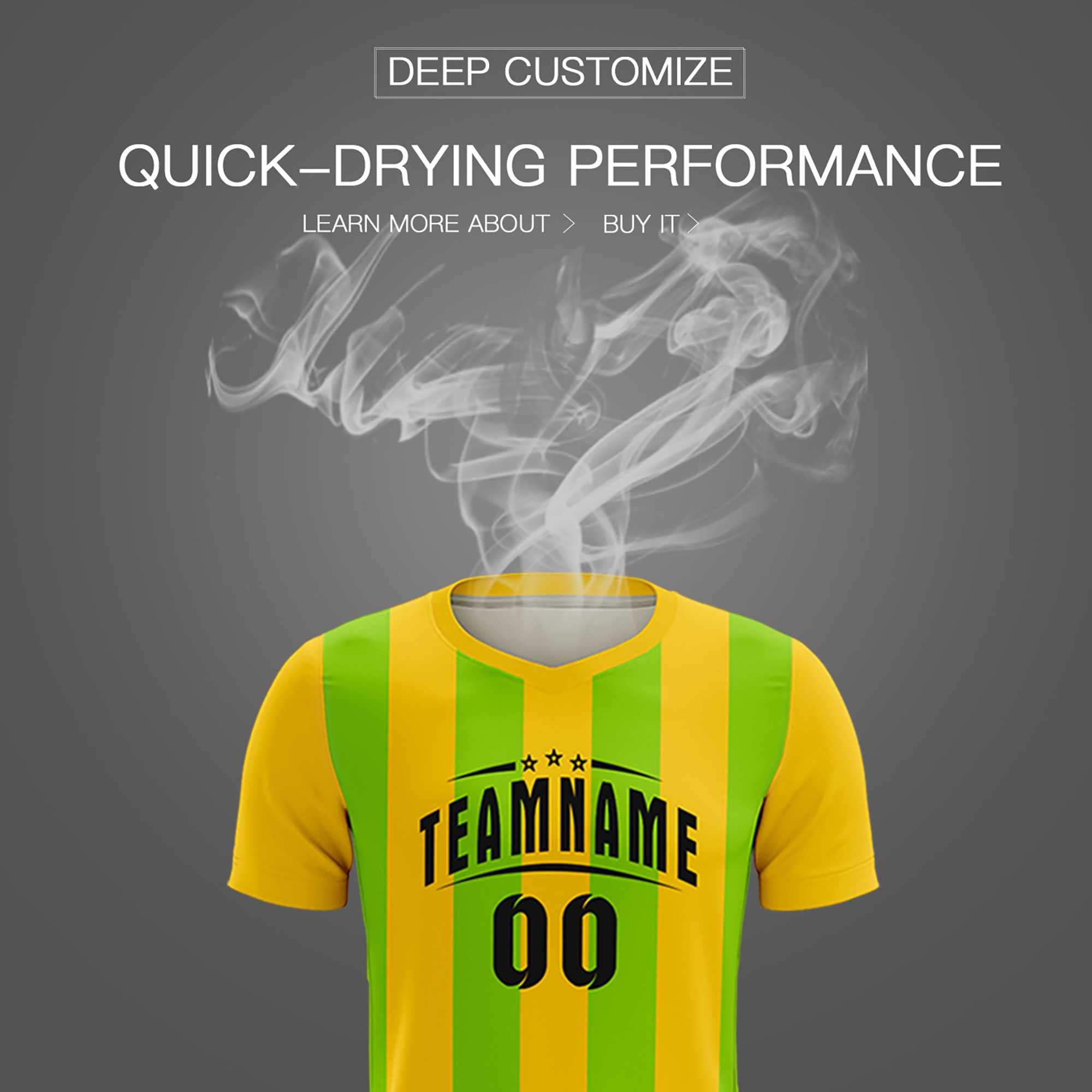 Custom Gold Neon Green Vertical Stripes Casual Outdoor Football Kits Jersey