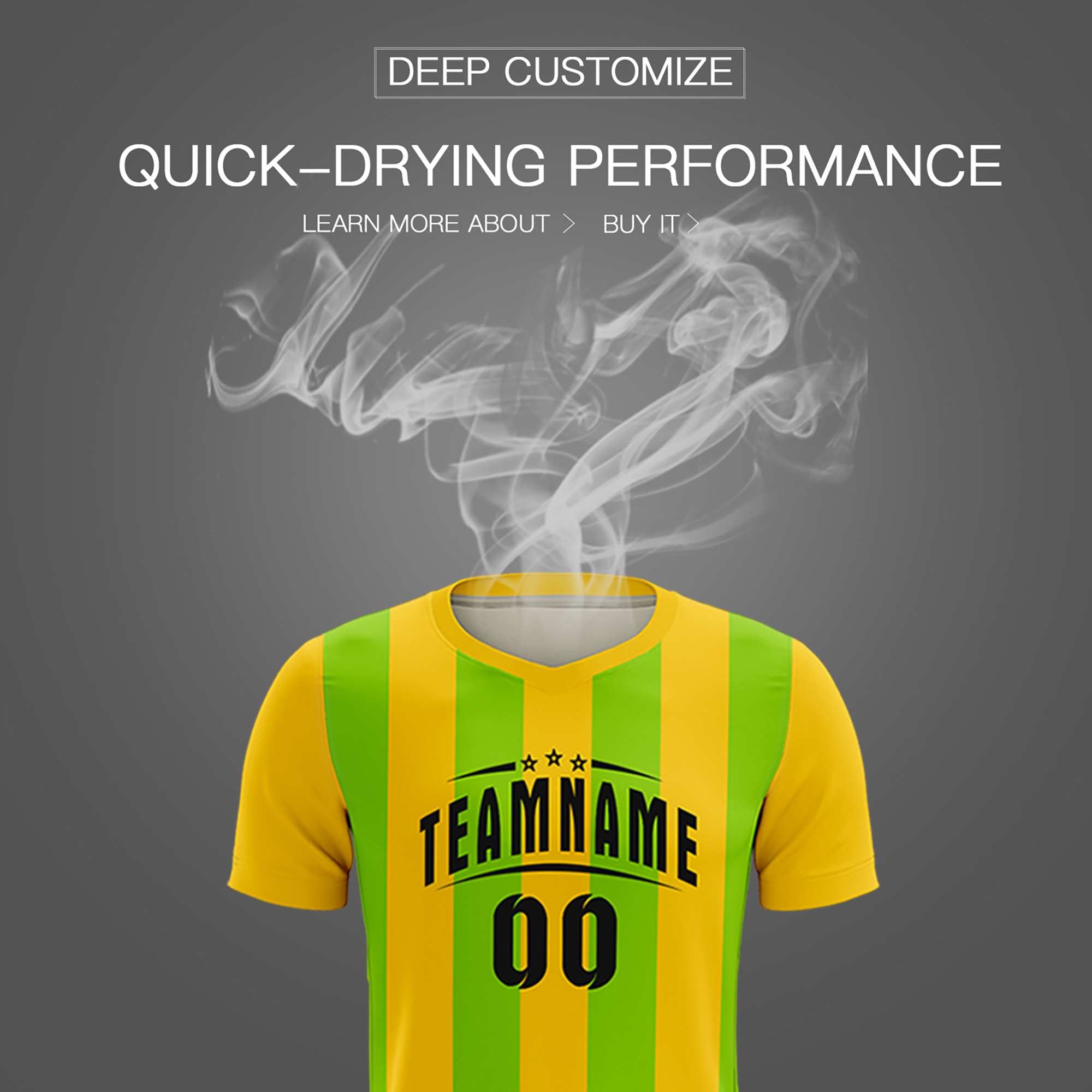 Custom Gold Neon Green Vertical Stripes Casual Outdoor Football Kits Jersey