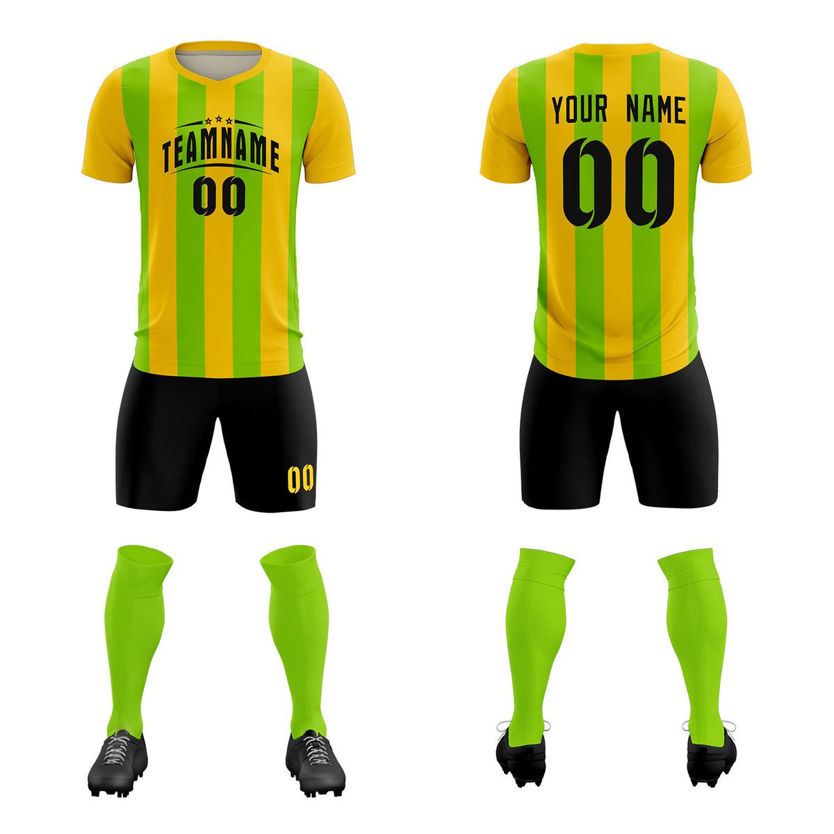 Custom Gold Neon Green Vertical Stripes Casual Outdoor Football Kits Jersey