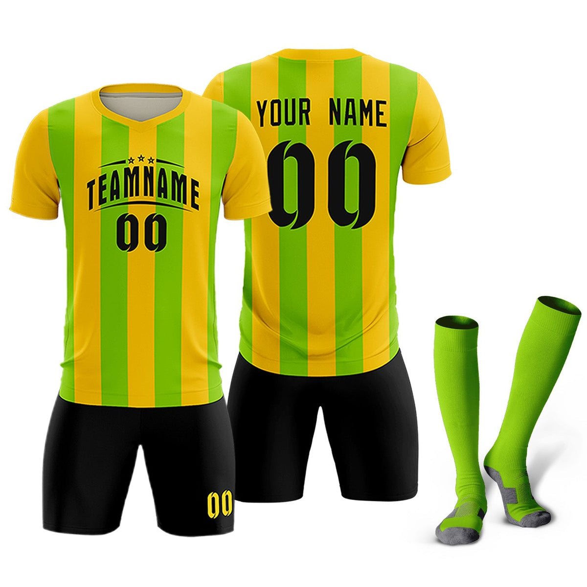 Custom Gold Neon Green Vertical Stripes Casual Outdoor Football Kits Jersey
