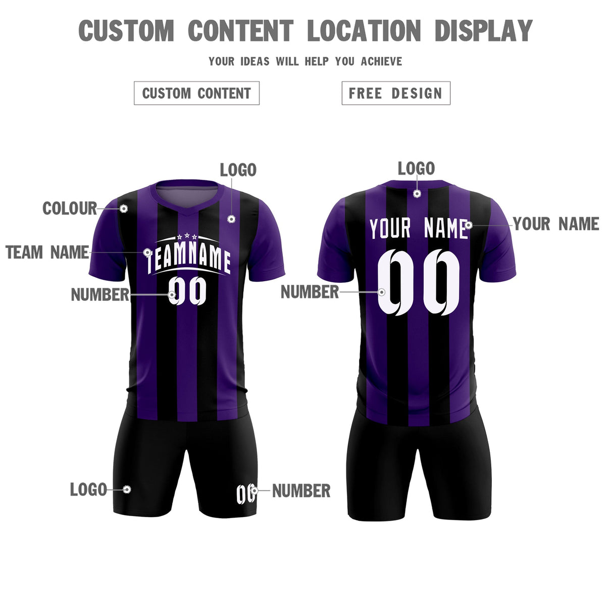 Custom Purple Black Vertical Stripes Casual Outdoor Football Kits Jersey