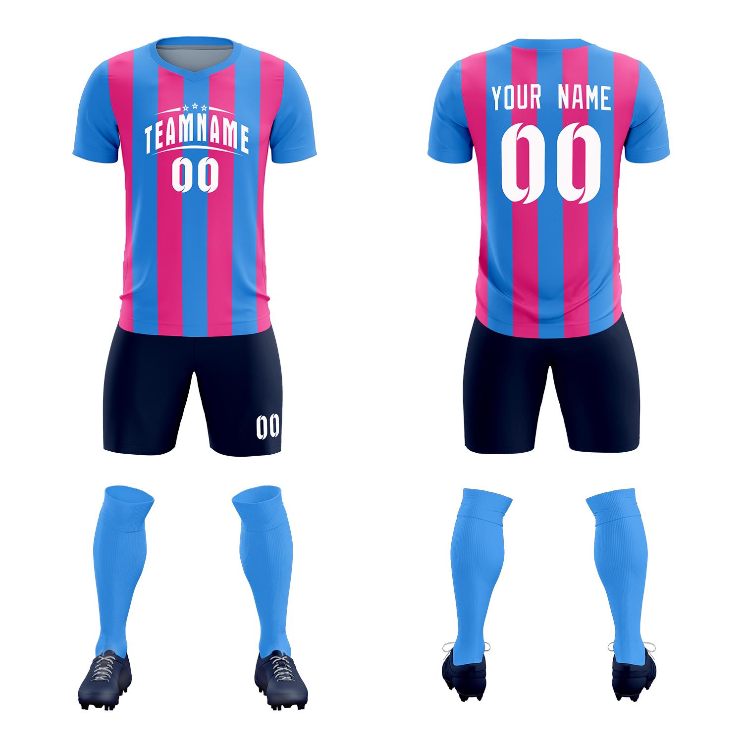 Custom Powder Blue Pink Vertical Stripes Casual Outdoor Football Kits Jersey