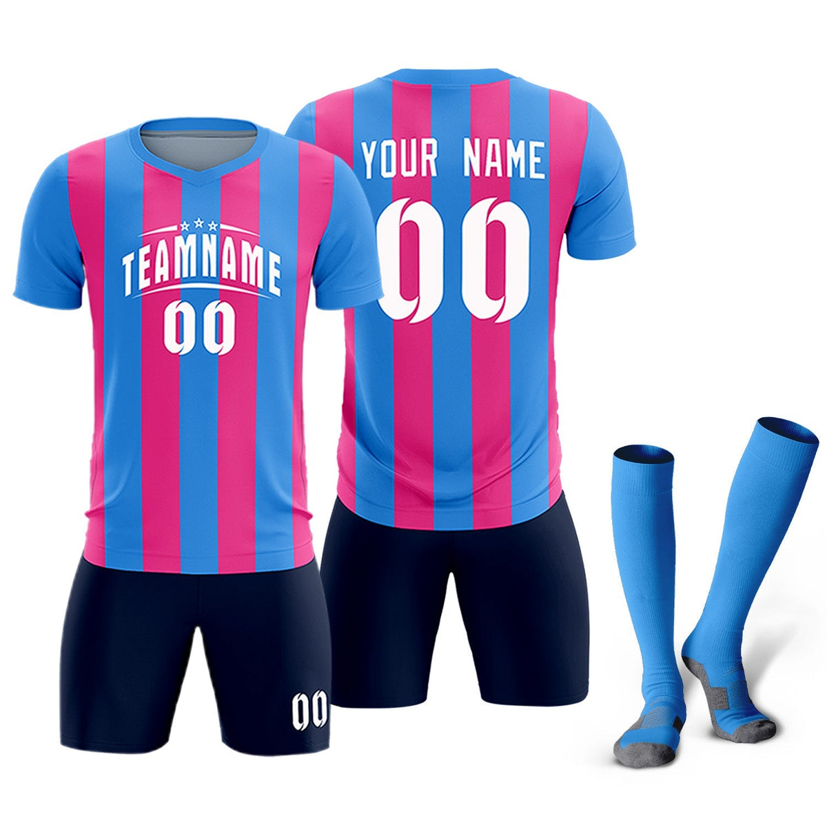 Custom Powder Blue Pink Vertical Stripes Casual Outdoor Football Kits Jersey