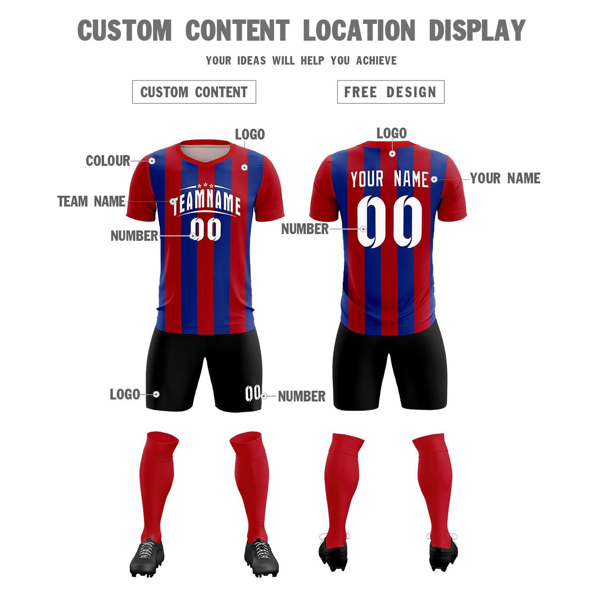 Custom Red Royal Vertical Stripes Casual Outdoor Football Kits Jersey