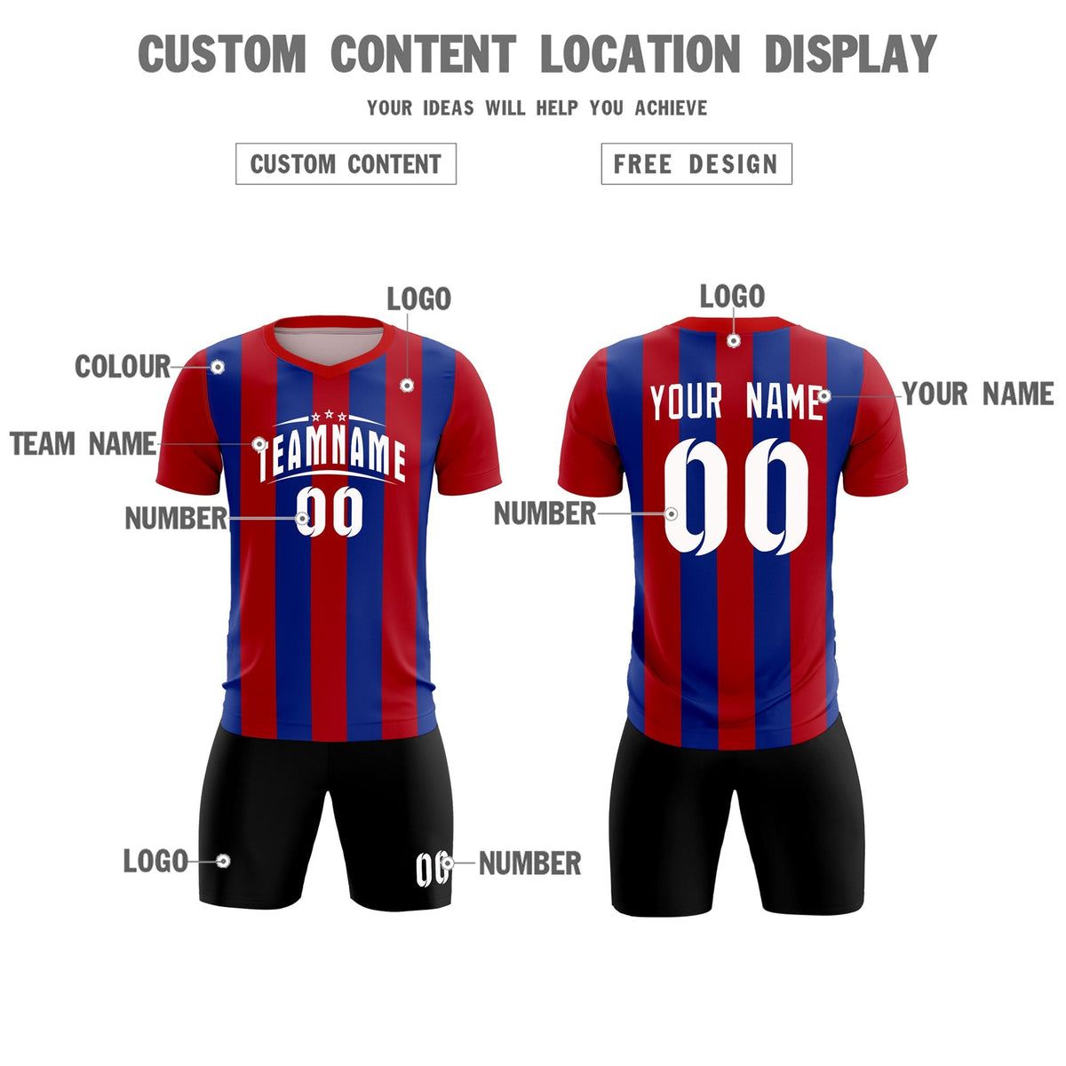 Custom Red Royal Vertical Stripes Casual Outdoor Football Kits Jersey