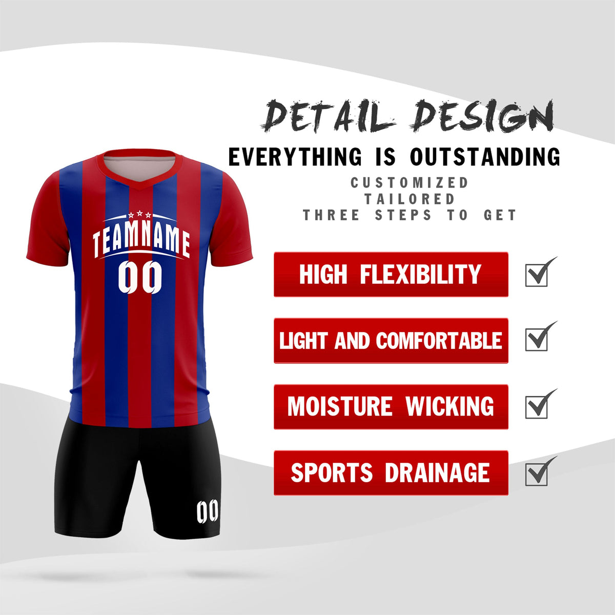 Custom Red Royal Vertical Stripes Casual Outdoor Football Kits Jersey