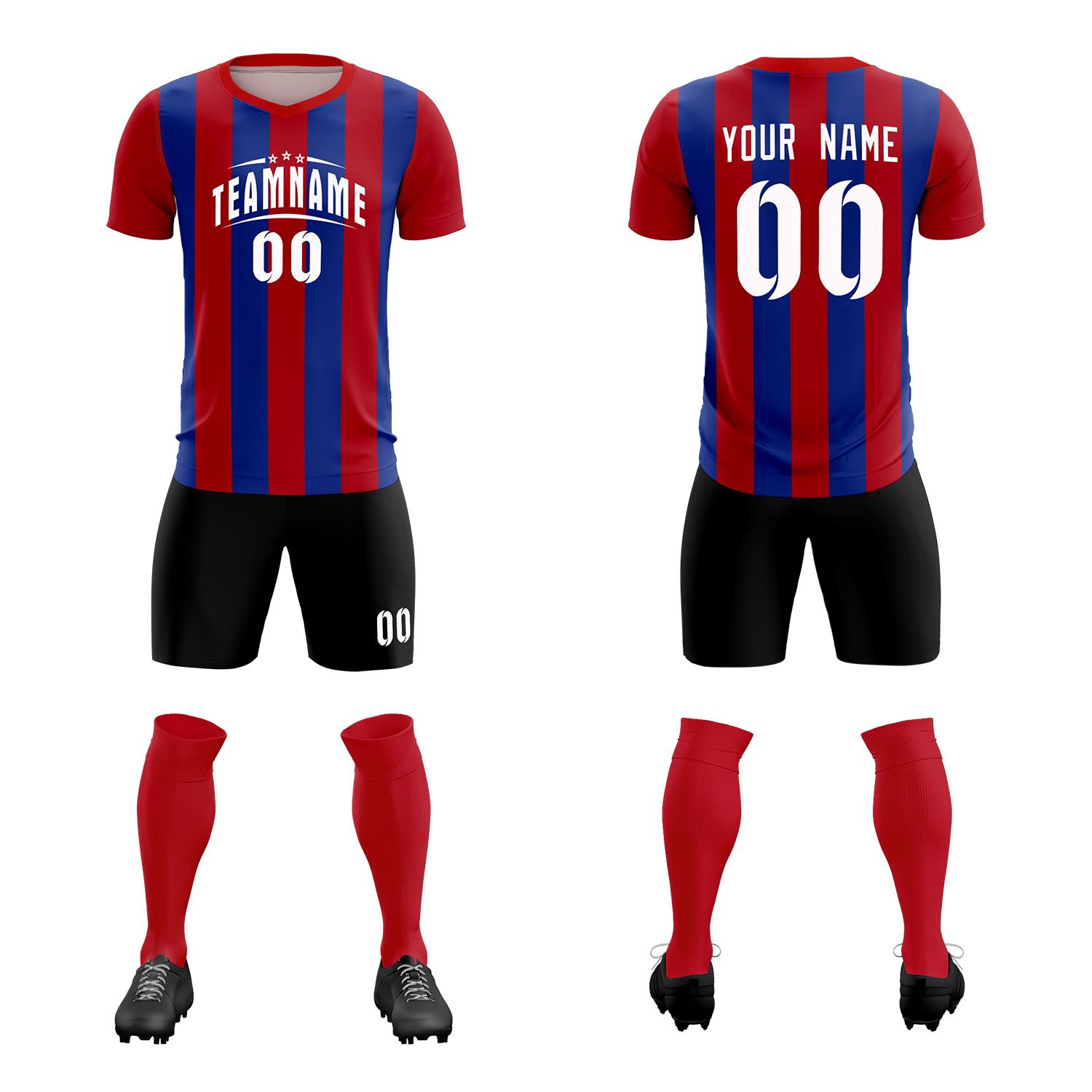 Custom Red Royal Vertical Stripes Casual Outdoor Football Kits Jersey