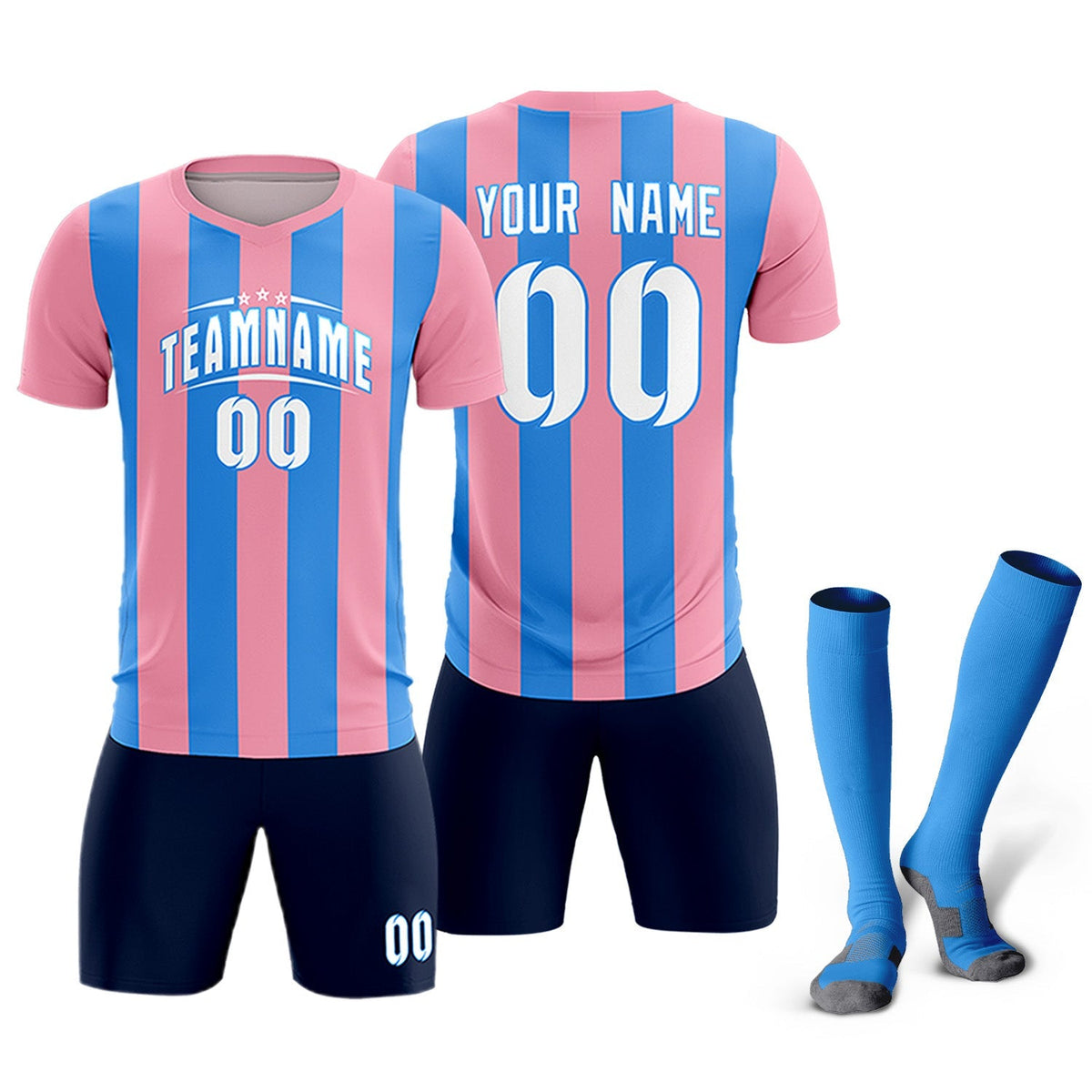 Custom Light Pink Powder Blue Vertical Stripes Casual Outdoor Football Kits Jersey