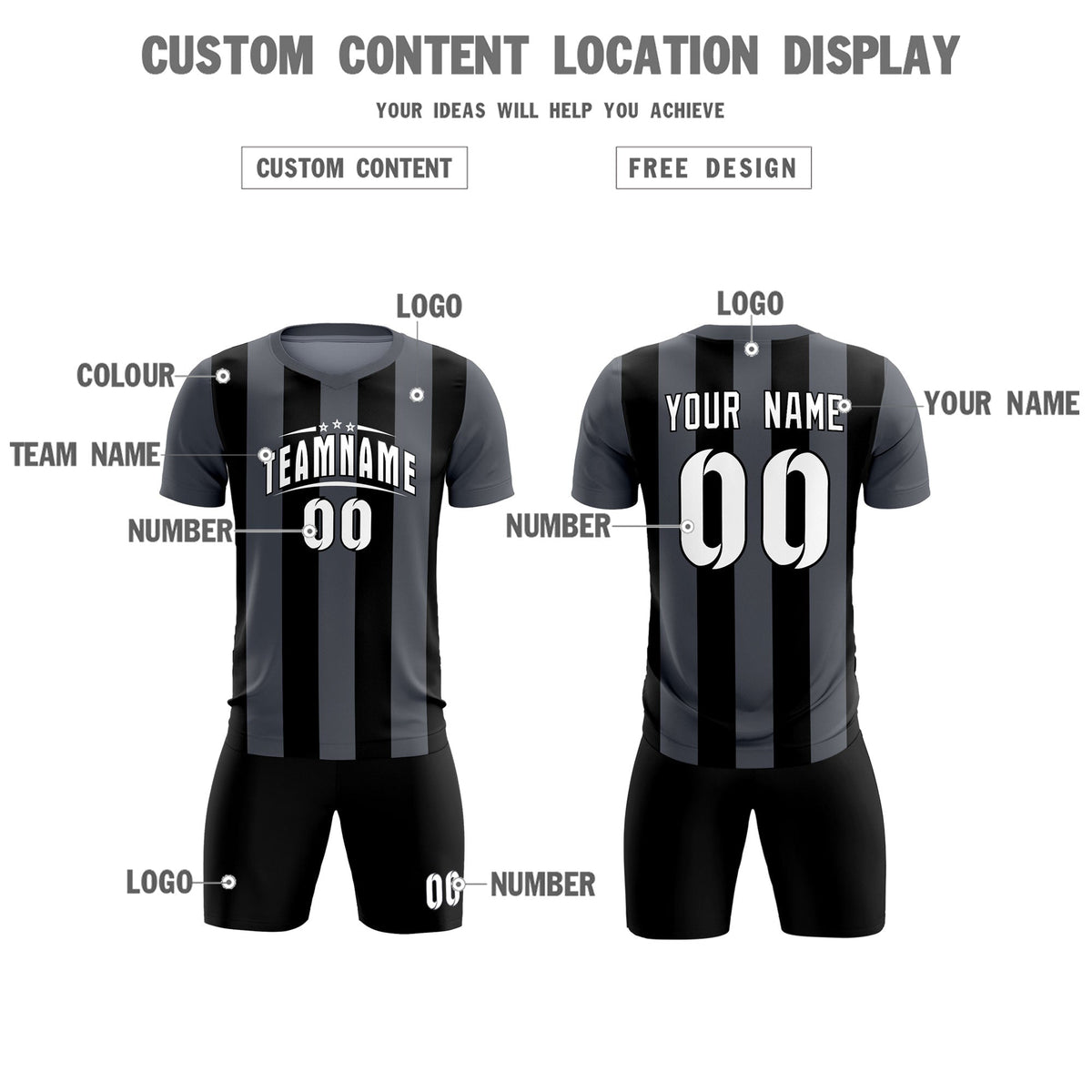 Custom Dark Gray Black Vertical Stripes Casual Outdoor Football Kits Jersey