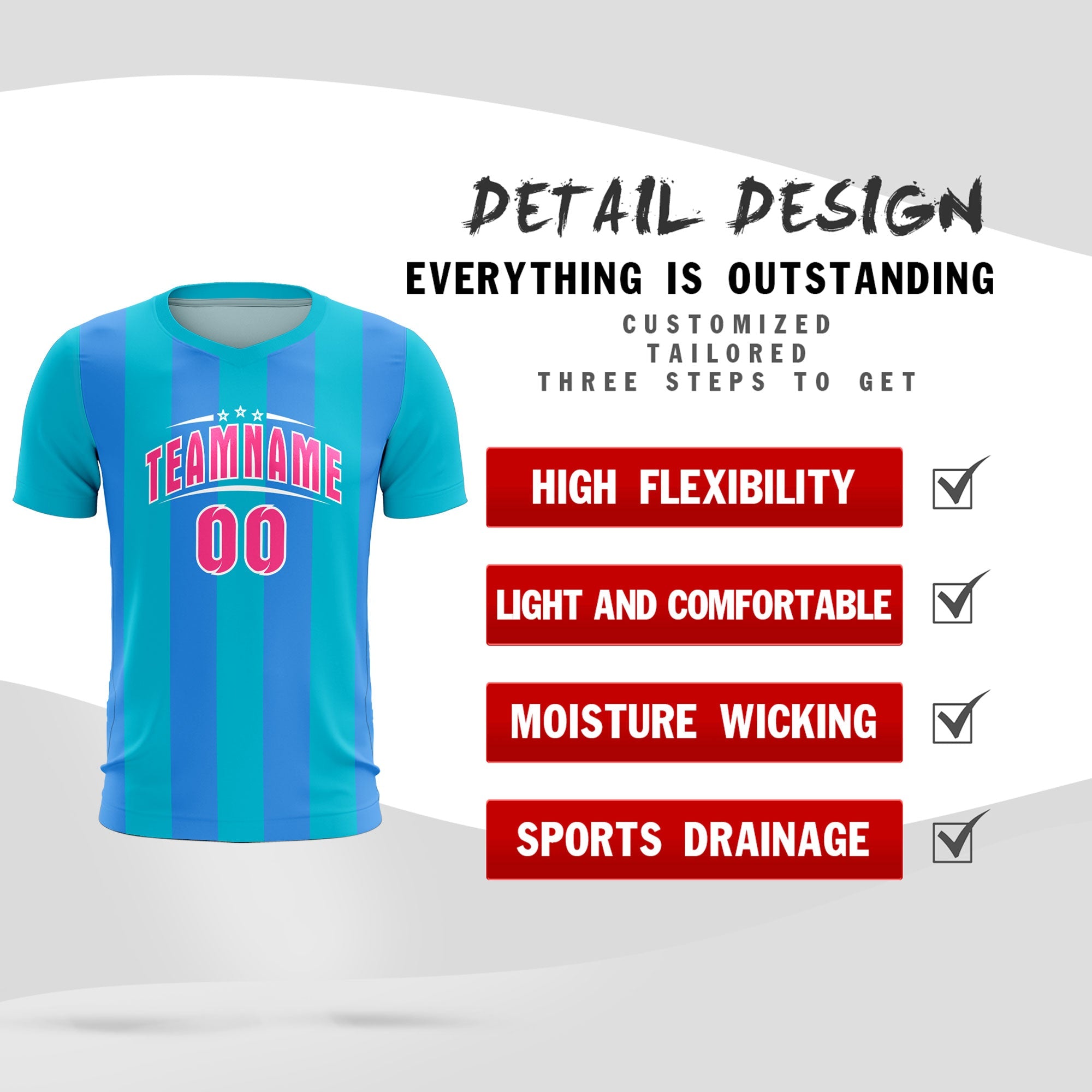 Custom Sky Blue Powder Blue Vertical Stripes Casual Outdoor Football Kits Jersey