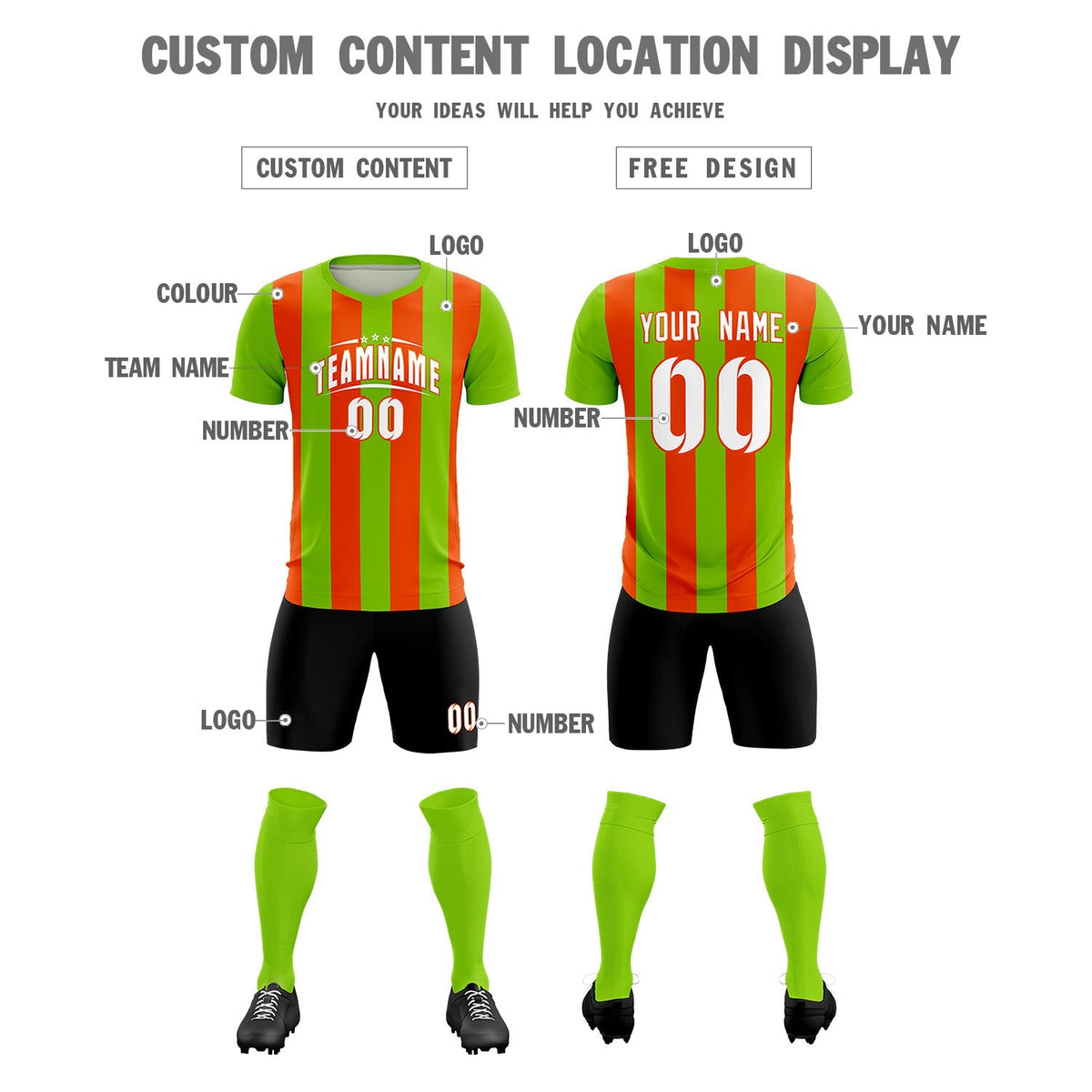 Custom Neon Green Orange Vertical Stripes Casual Outdoor Football Kits Jersey
