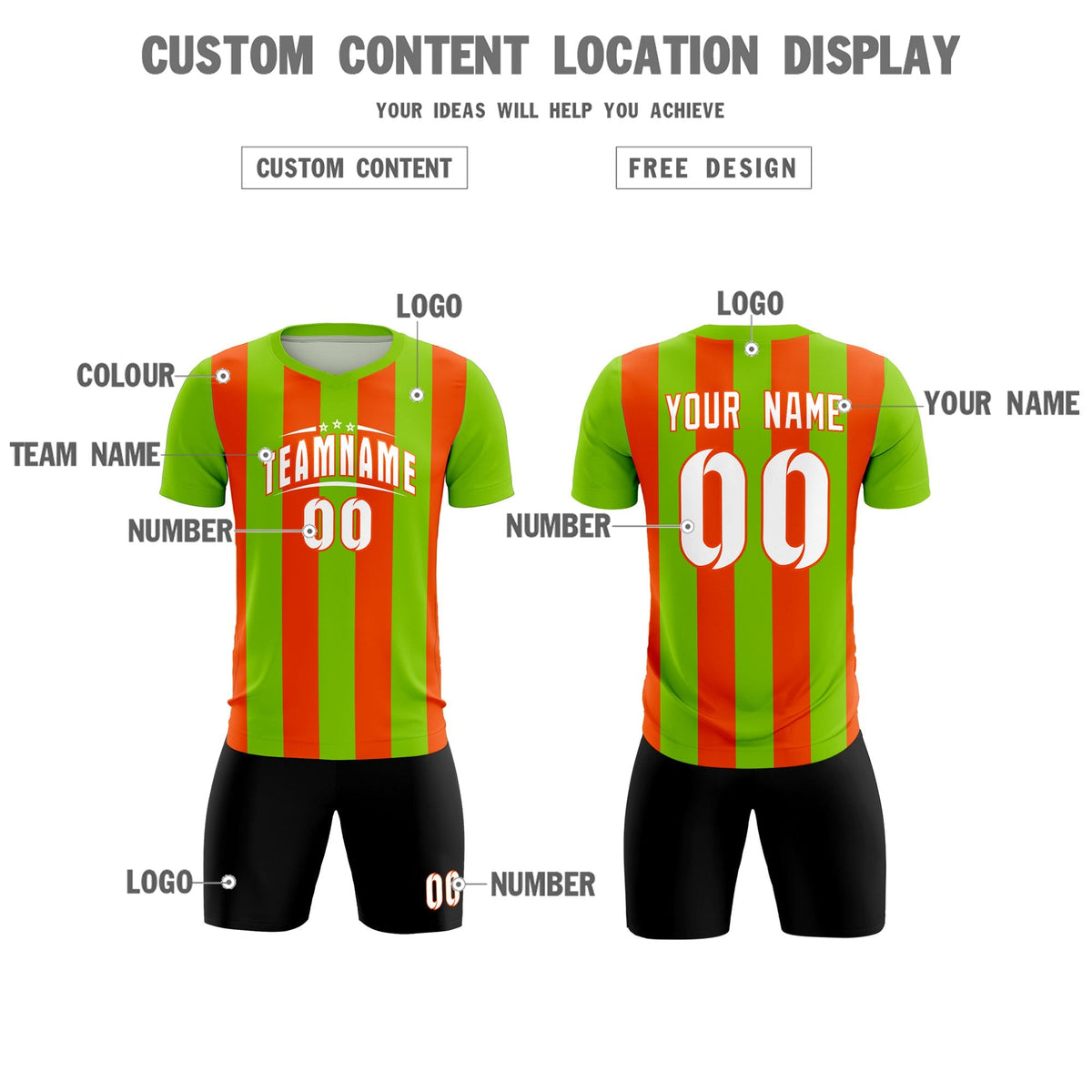 Custom Neon Green Orange Vertical Stripes Casual Outdoor Football Kits Jersey