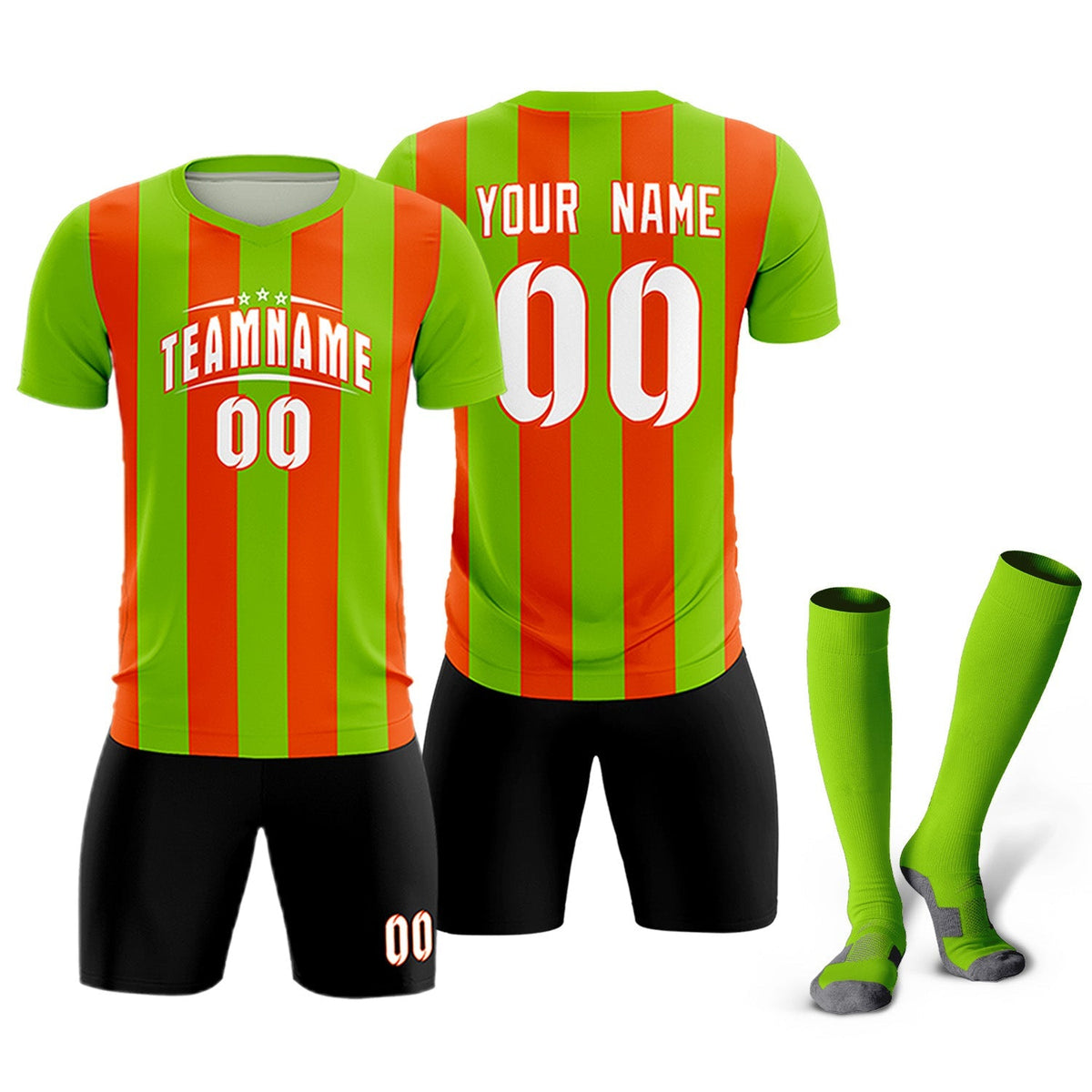 Custom Neon Green Orange Vertical Stripes Casual Outdoor Football Kits Jersey