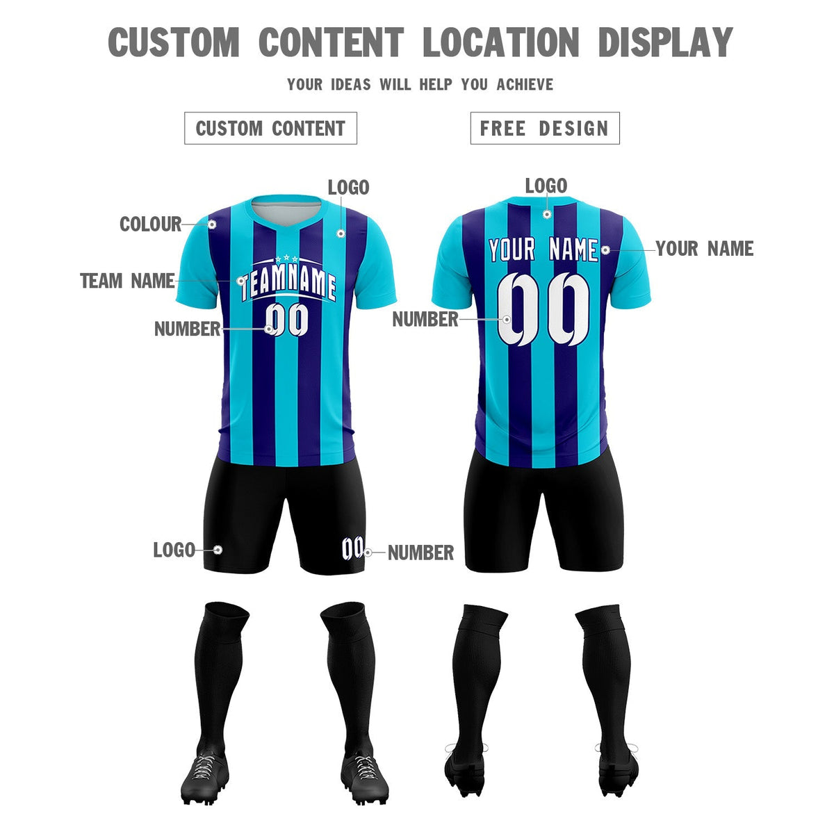 Custom Sky Blue Royal Vertical Stripes Casual Outdoor Football Kits Jersey