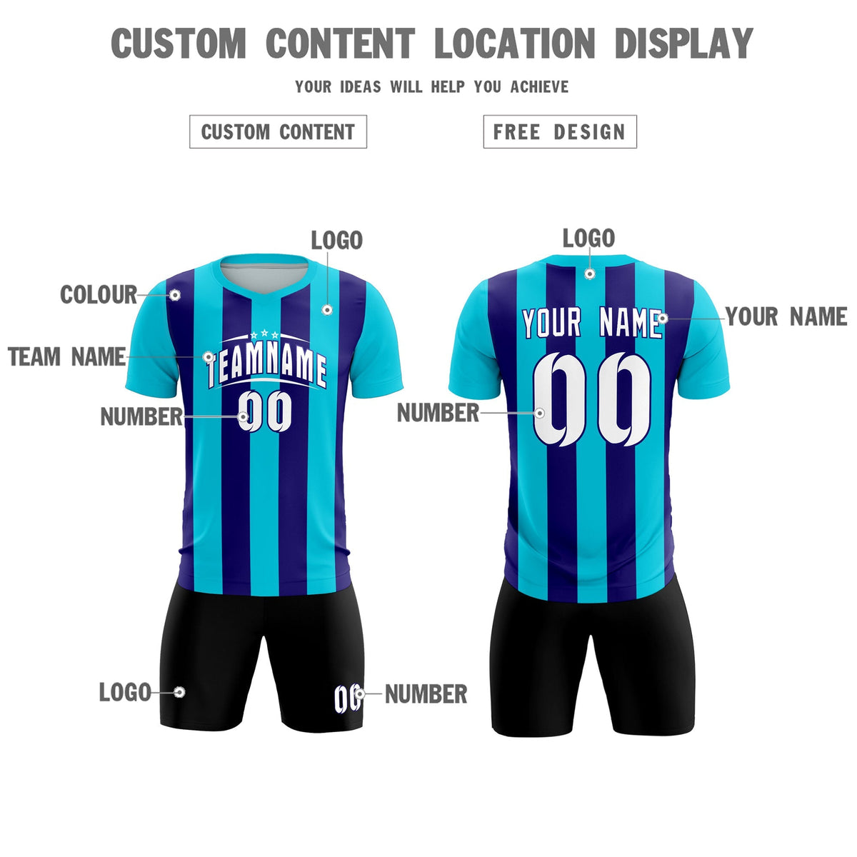 Custom Sky Blue Royal Vertical Stripes Casual Outdoor Football Kits Jersey