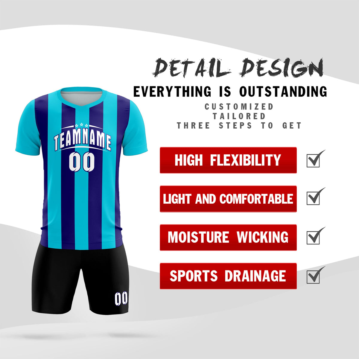 Custom Sky Blue Royal Vertical Stripes Casual Outdoor Football Kits Jersey
