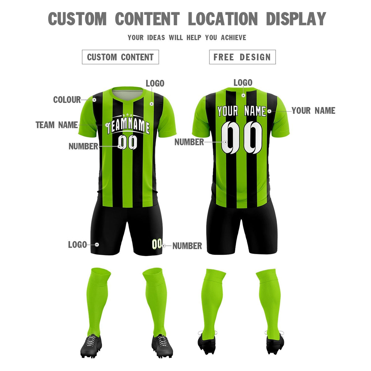 Custom Neon Green Black Vertical Stripes Casual Outdoor Football Kits Jersey