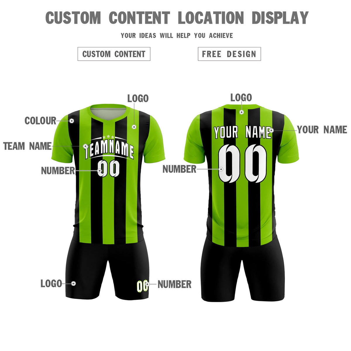 Custom Neon Green Black Vertical Stripes Casual Outdoor Football Kits Jersey