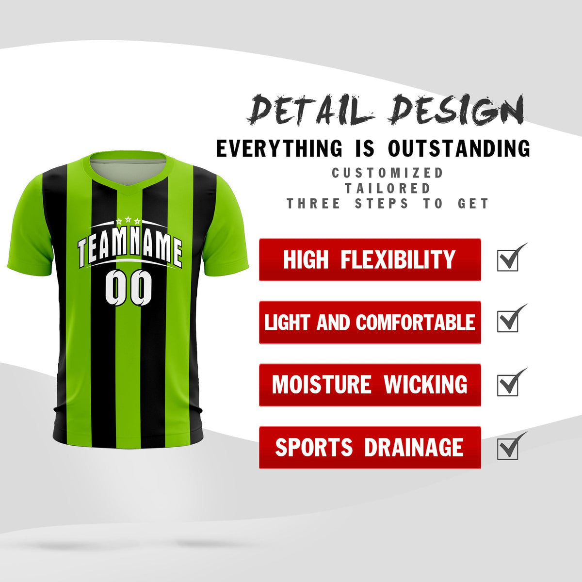 Custom Neon Green Black Vertical Stripes Casual Outdoor Football Kits Jersey