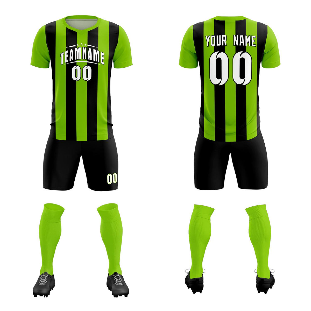 Custom Neon Green Black Vertical Stripes Casual Outdoor Football Kits Jersey