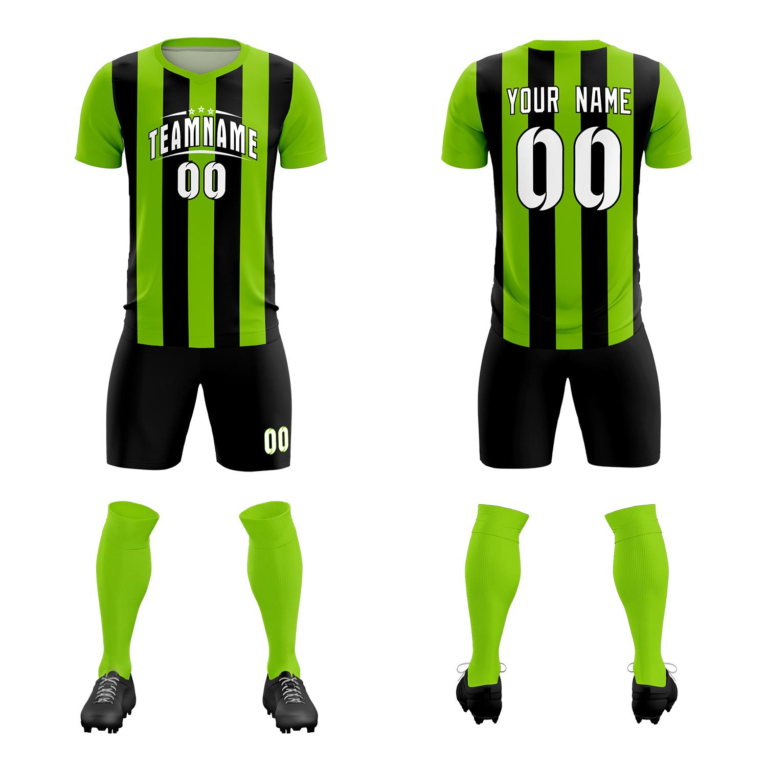 Custom Neon Green Black Vertical Stripes Casual Outdoor Football Kits Jersey