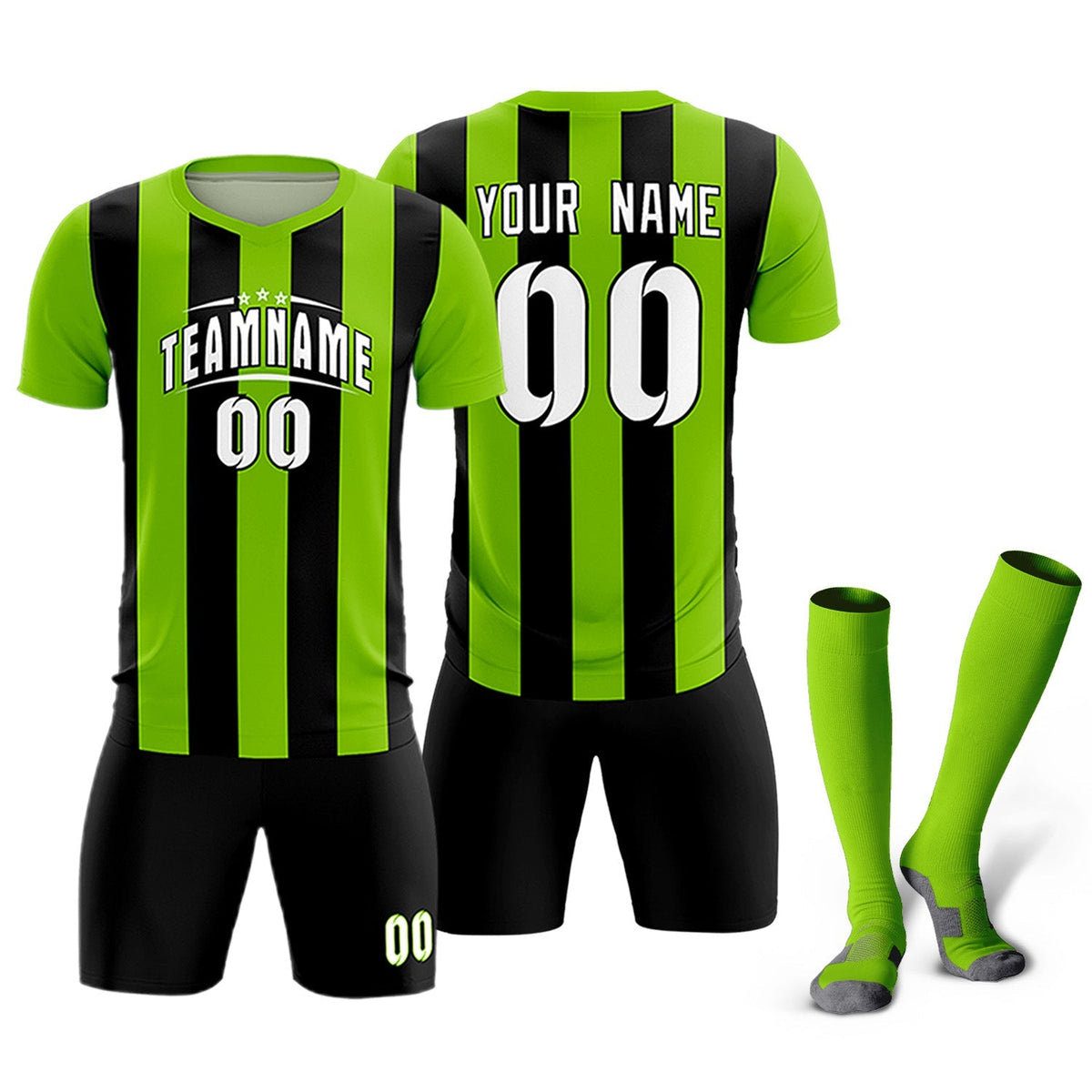 Custom Neon Green Black Vertical Stripes Casual Outdoor Football Kits Jersey
