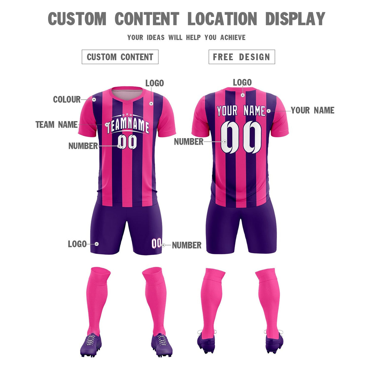 Custom Pink Purple Vertical Stripes Casual Outdoor Football Kits Jersey