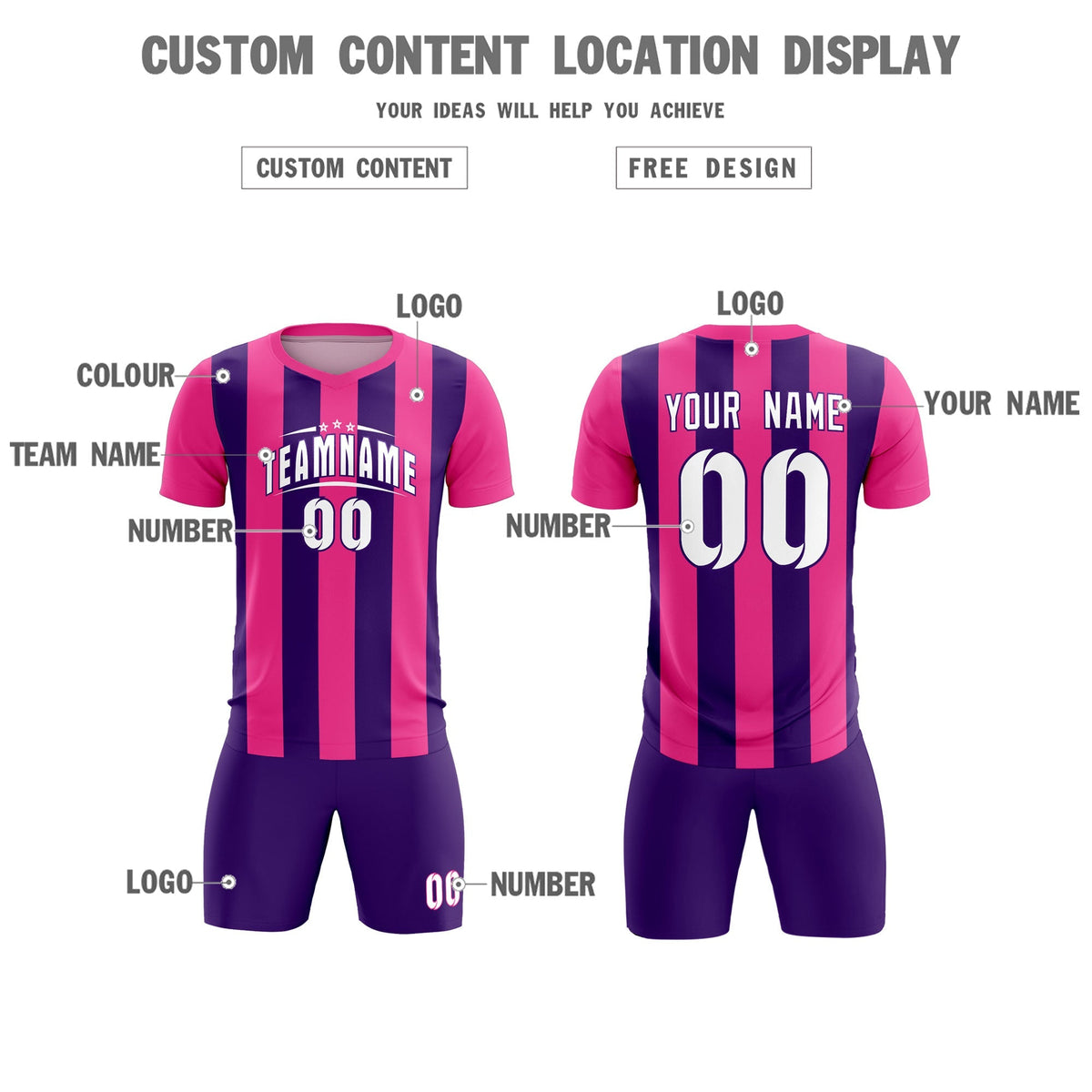 Custom Pink Purple Vertical Stripes Casual Outdoor Football Kits Jersey