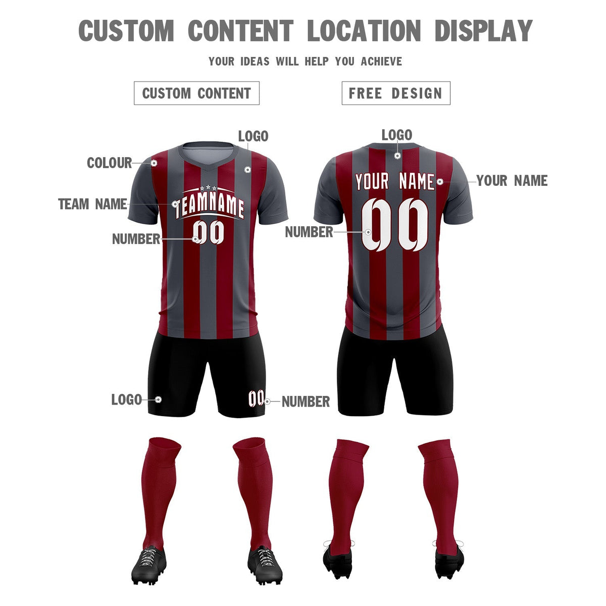 Custom Dark Gray Crimson Vertical Stripes Casual Outdoor Football Kits Jersey