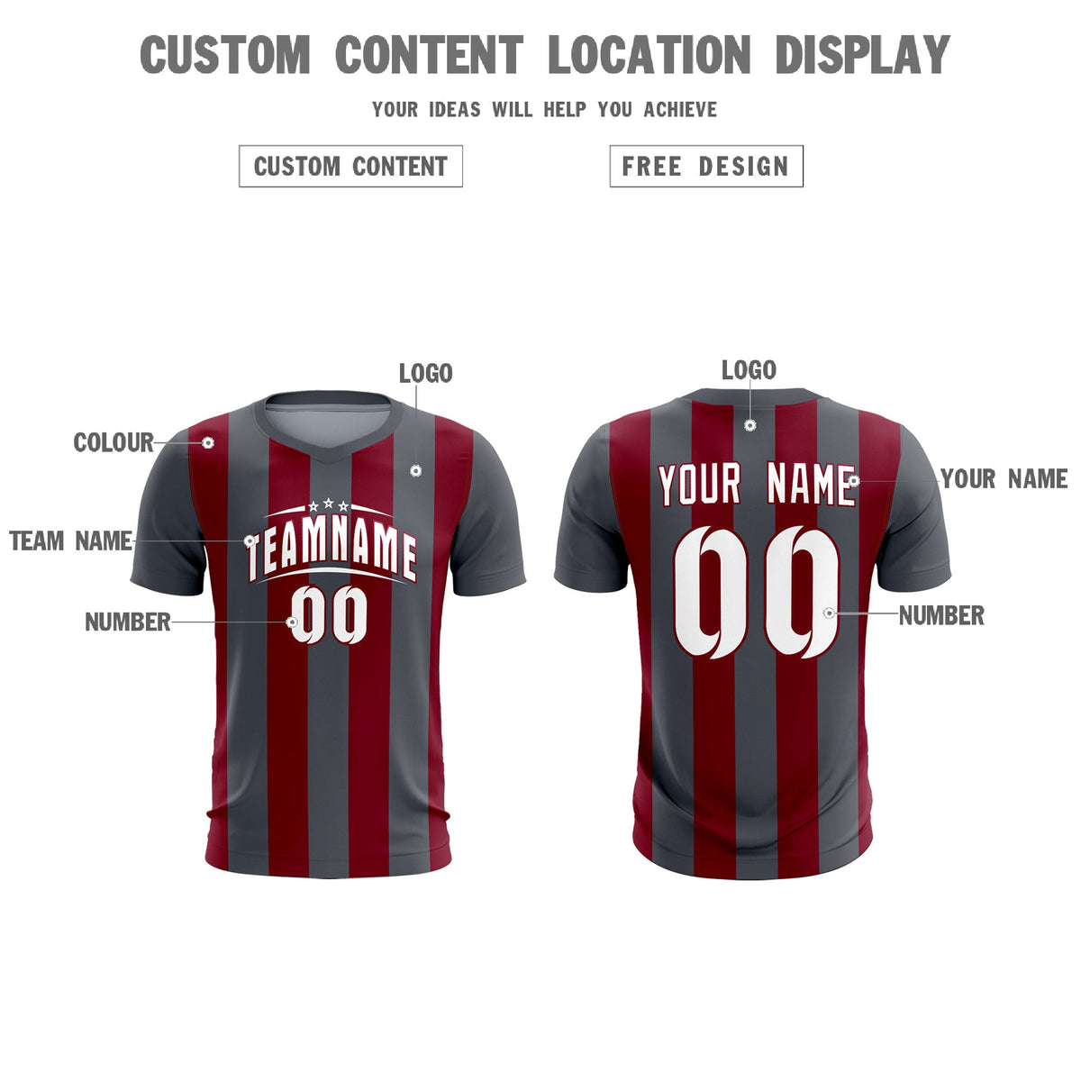 Custom Dark Gray Crimson Vertical Stripes Casual Outdoor Football Kits Jersey