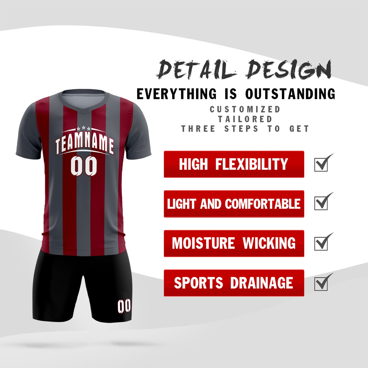 Custom Dark Gray Crimson Vertical Stripes Casual Outdoor Football Kits Jersey