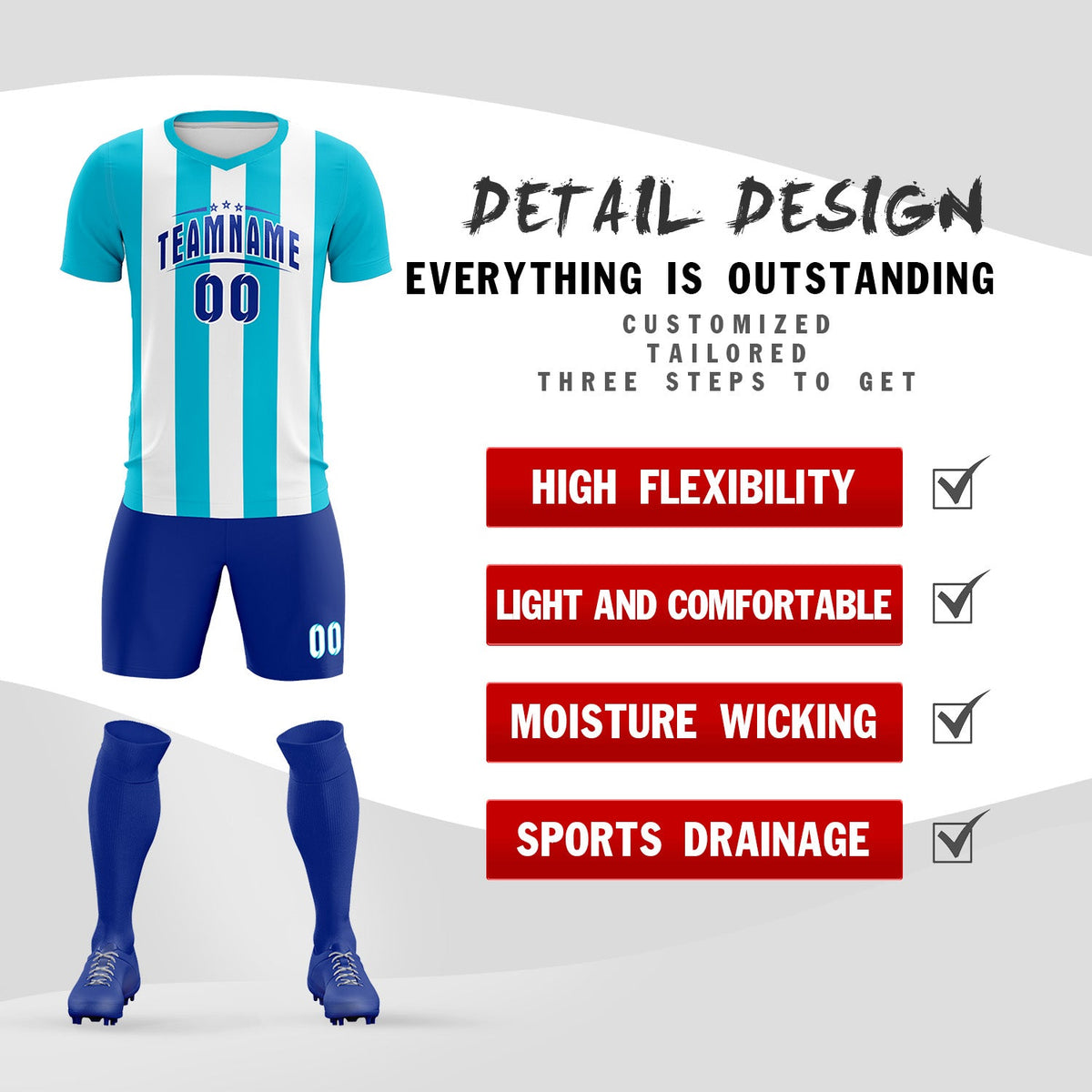 Custom White Sky Blue Vertical Stripes Casual Outdoor Football Kits Jersey