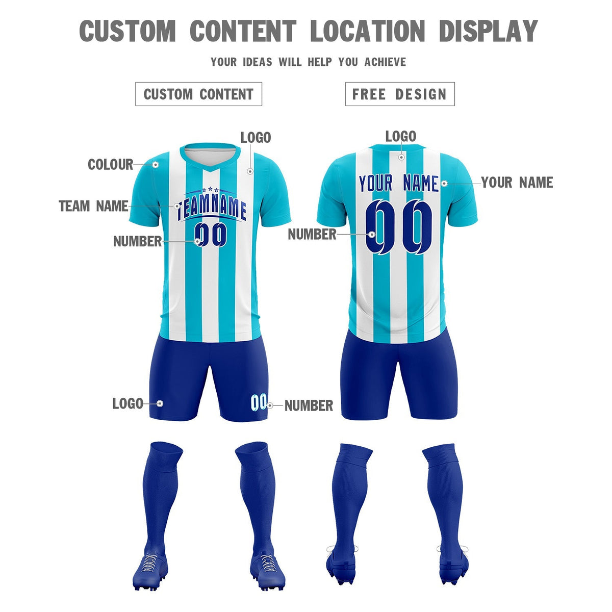 Custom White Sky Blue Vertical Stripes Casual Outdoor Football Kits Jersey