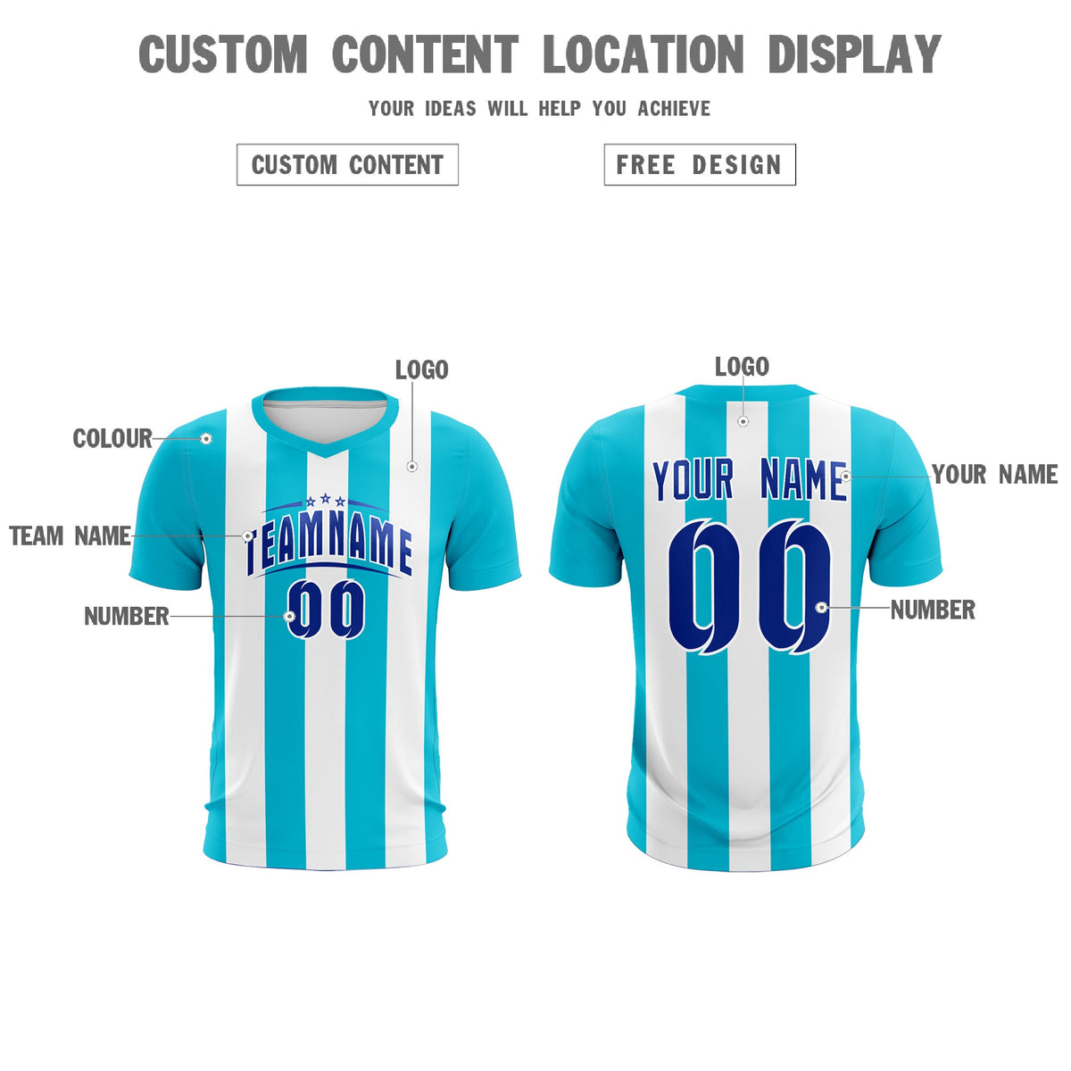 Custom White Sky Blue Vertical Stripes Casual Outdoor Football Kits Jersey