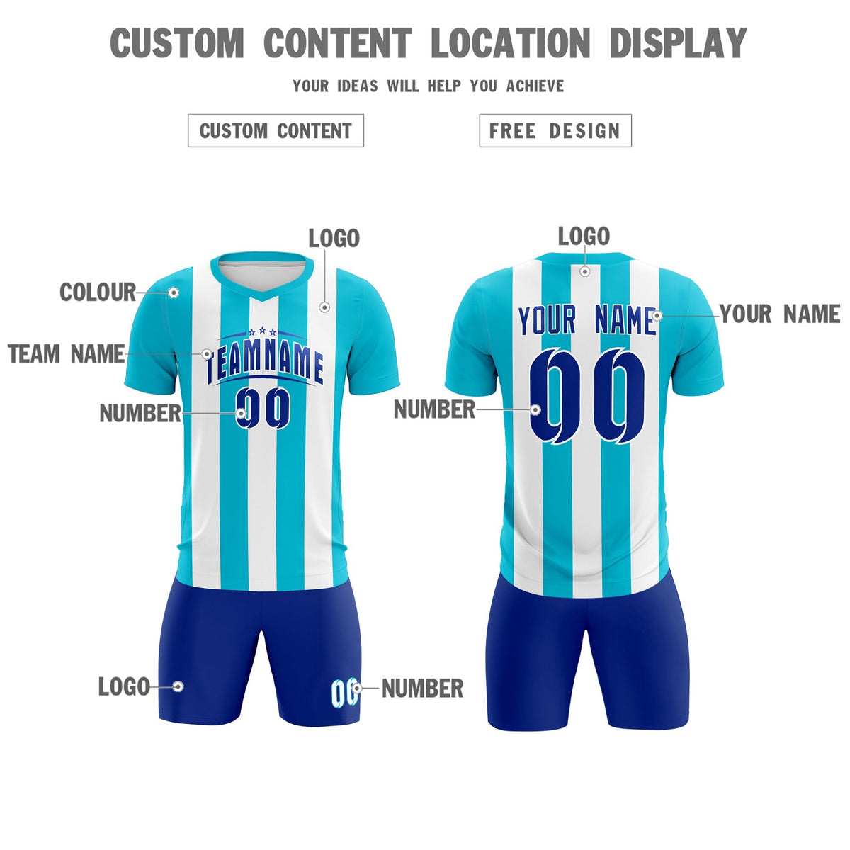 Custom White Sky Blue Vertical Stripes Casual Outdoor Football Kits Jersey